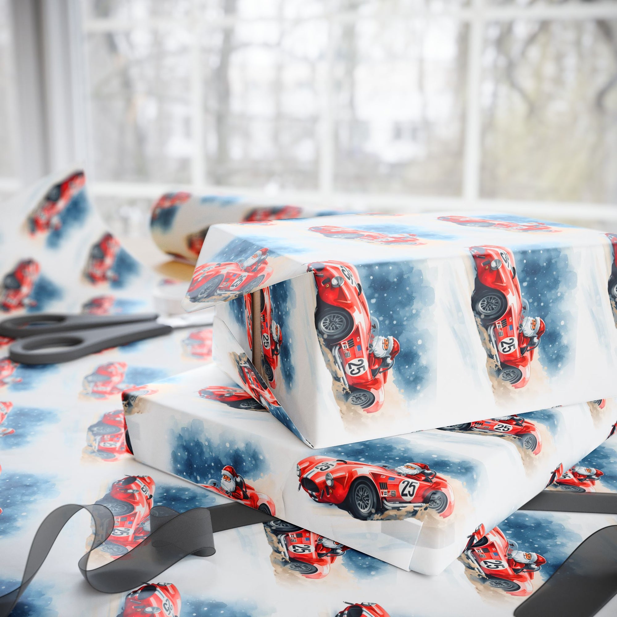  gift wrapped in christmas paper with santa in a red racecar