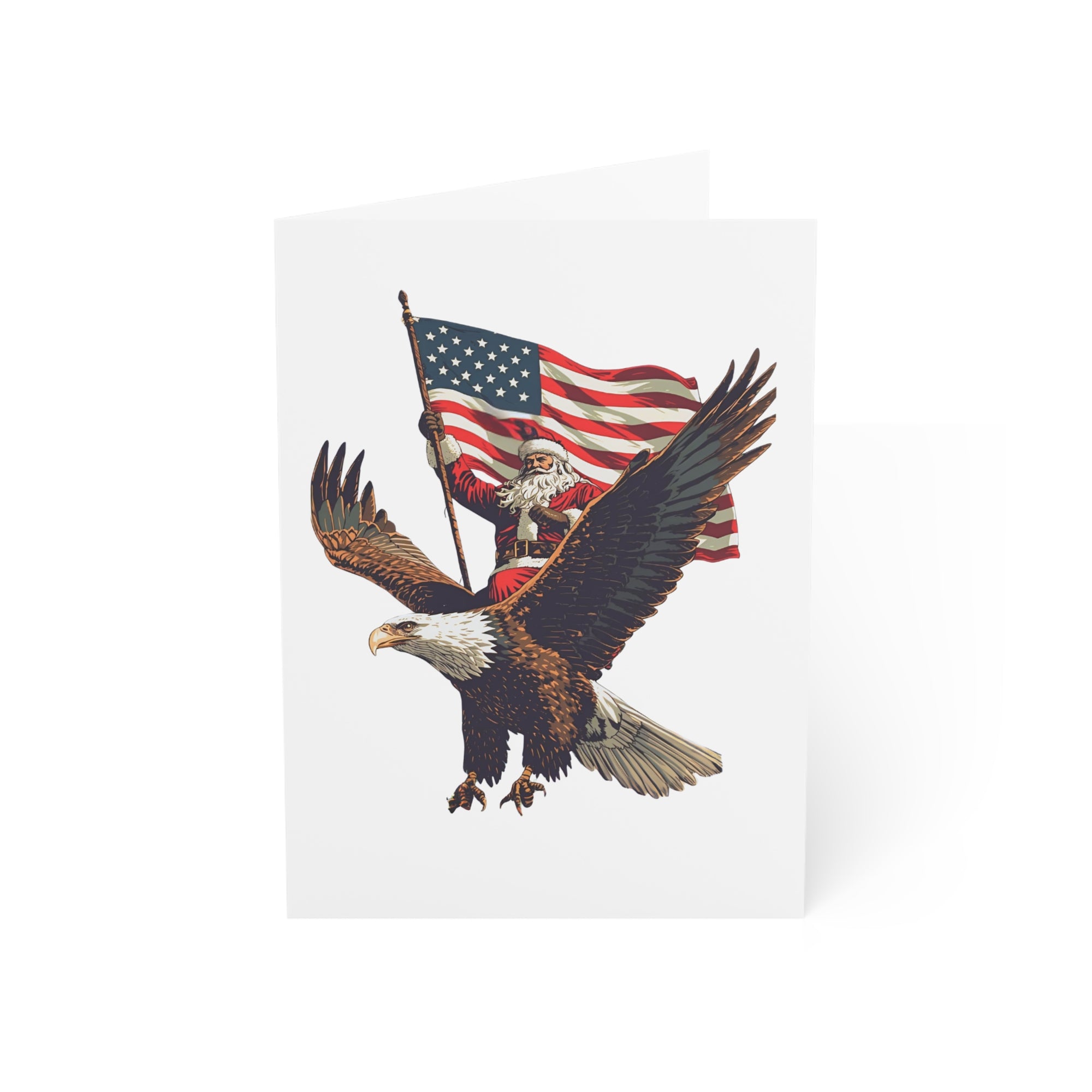 Patriotic Christmas card featuring  Santa riding a bald eagle holding an American flag.