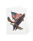 Patriotic Christmas card featuring  Santa riding a bald eagle holding an American flag.
