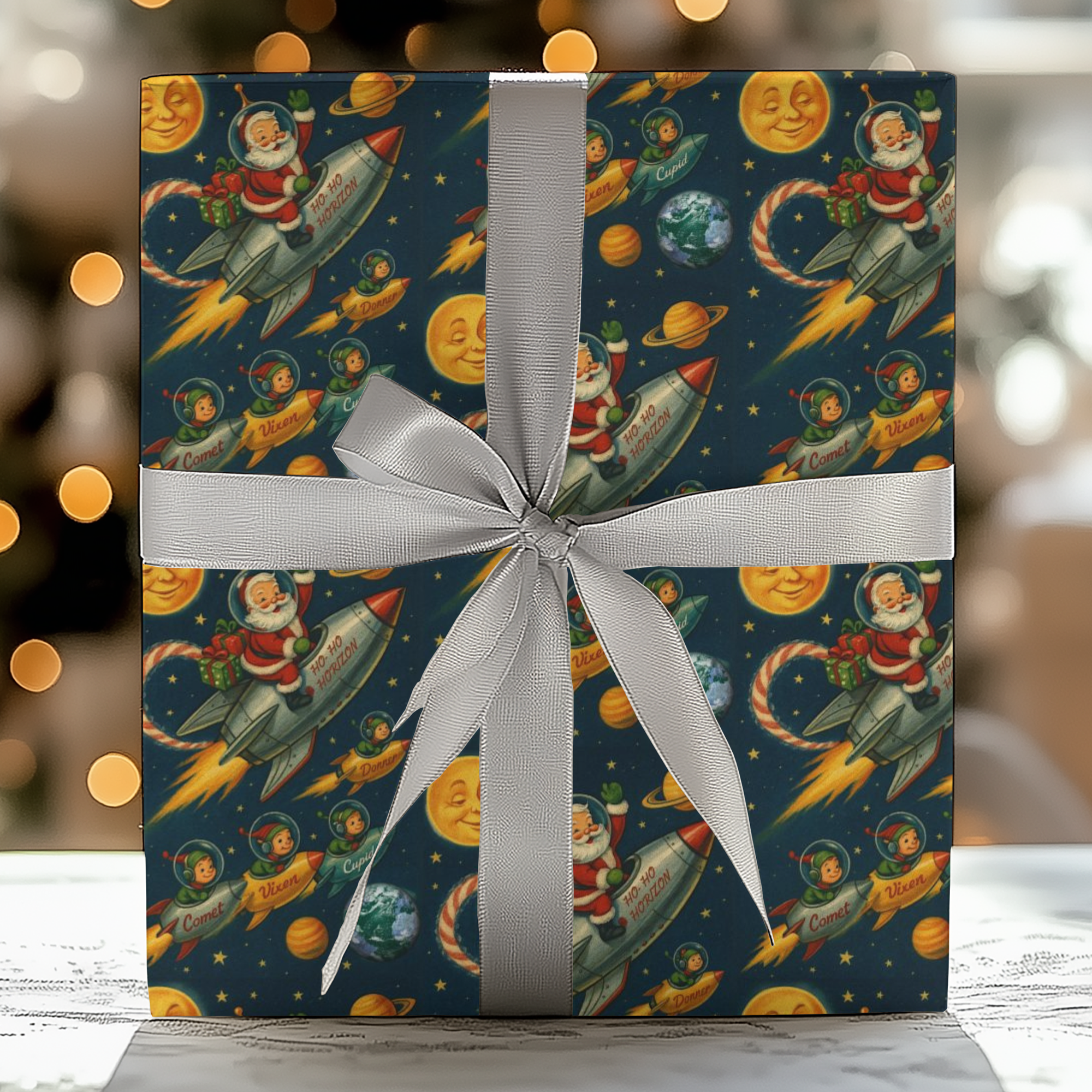 Vintage-style Christmas wrapping paper featuring Santa flying a rocket among planets and stars with mid-century retro colors.