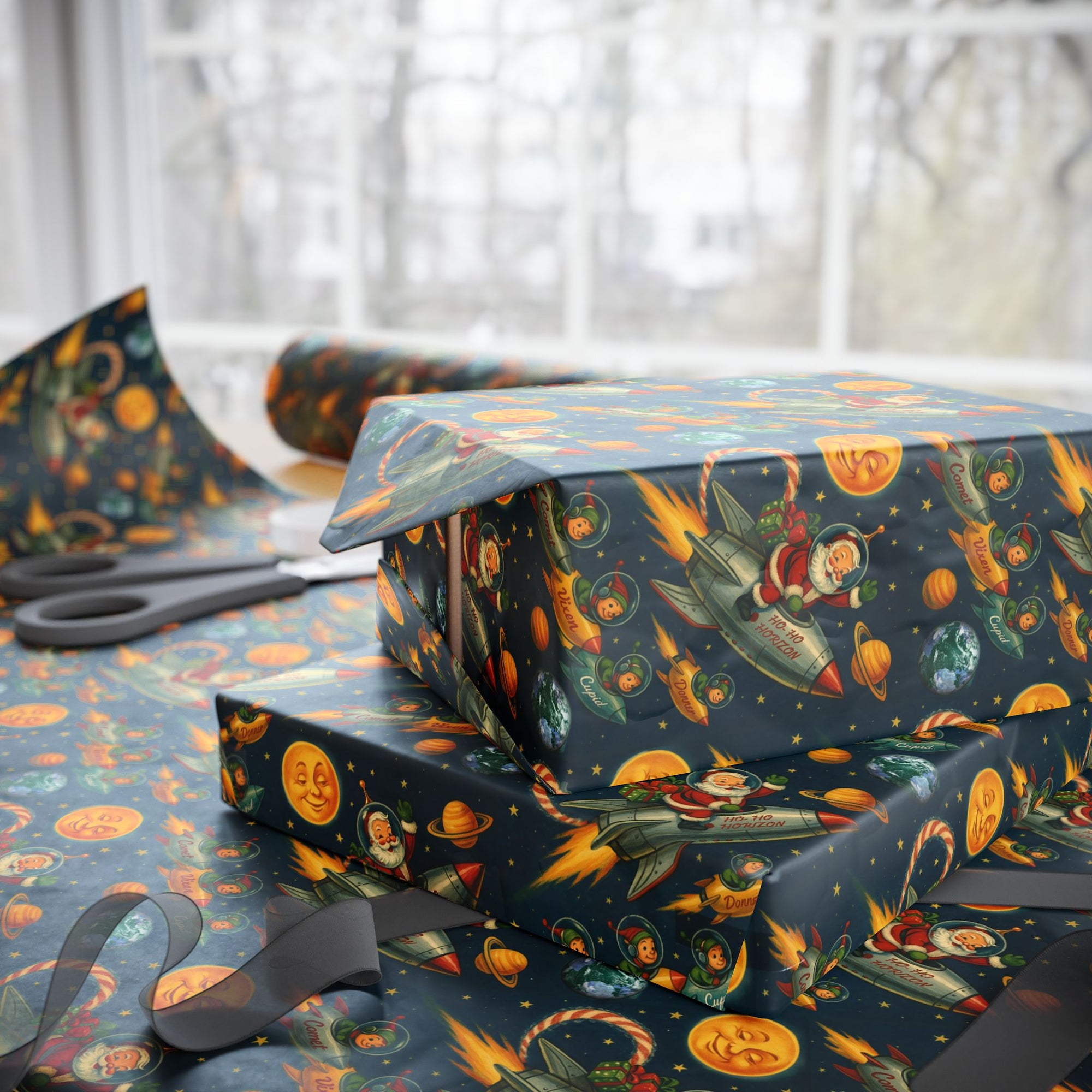 Vintage-style Christmas wrapping paper featuring Santa flying a rocket among planets and stars with mid-century retro colors
