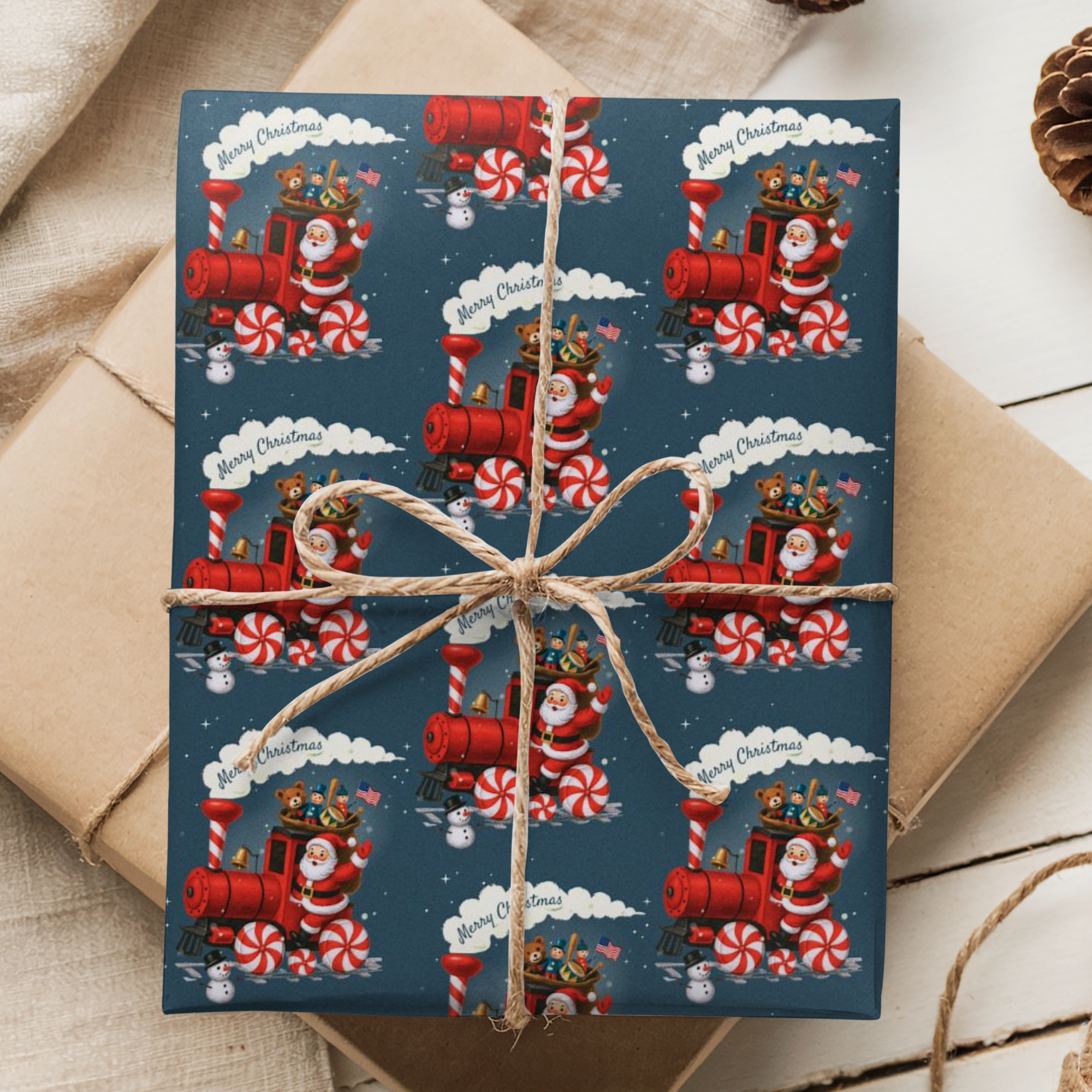 Vintage-style navy Christmas wrapping paper featuring Santa driving a red peppermint train with toys, snowmen, and stars in mid-century Americana style.