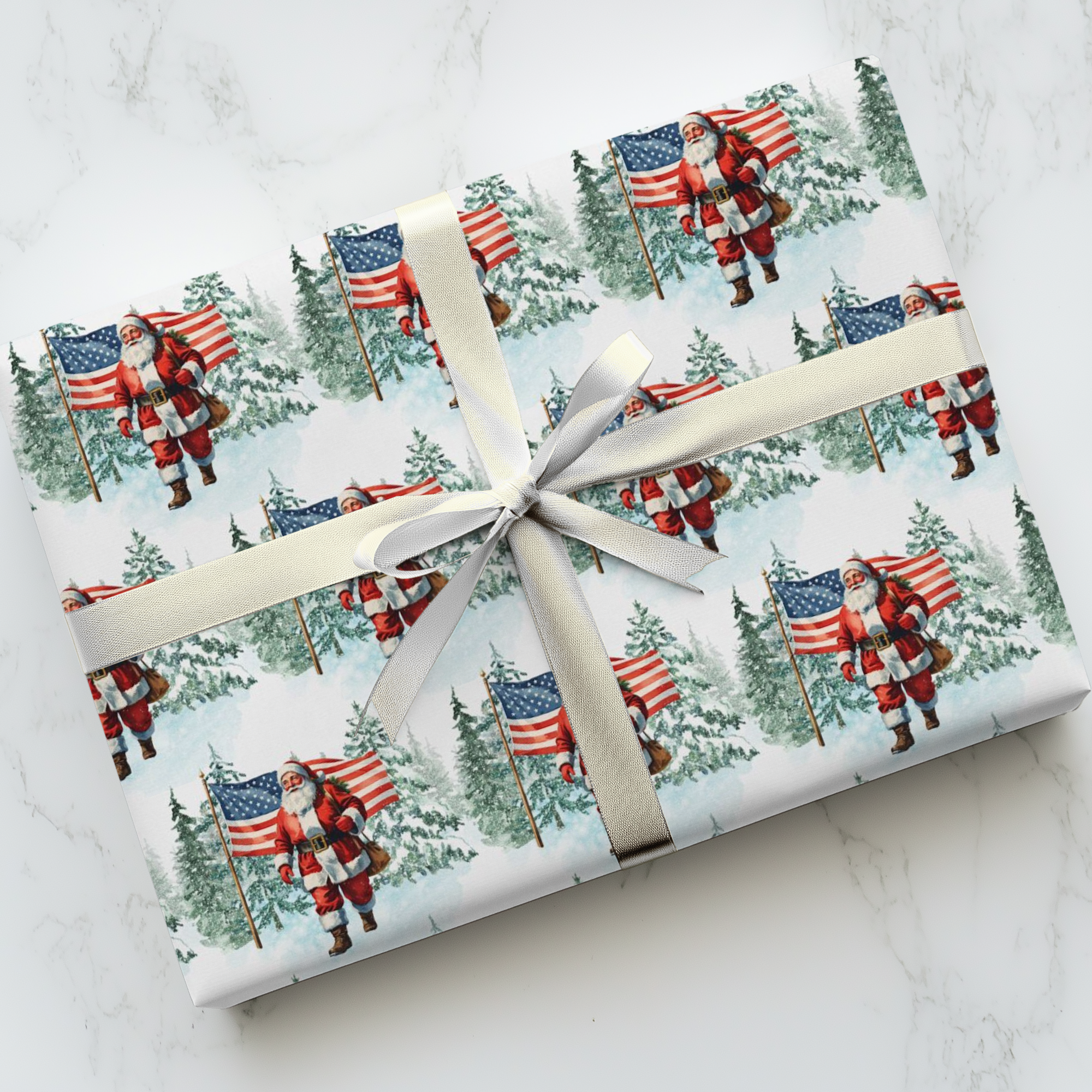 Gift wrapped in paper with Santa Claus and American flag design on a white surface.