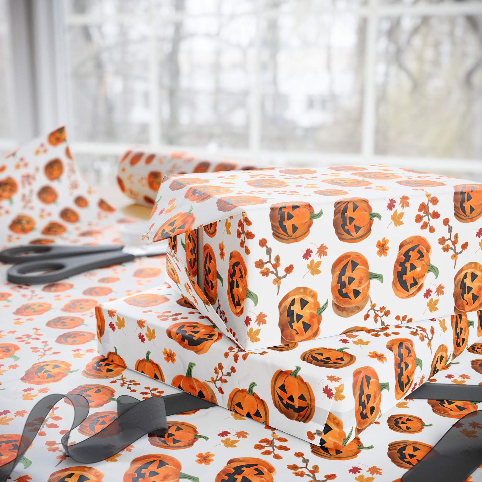 Vintage Halloween wrapping paper featuring smiling jack-o’-lanterns and fall leaves