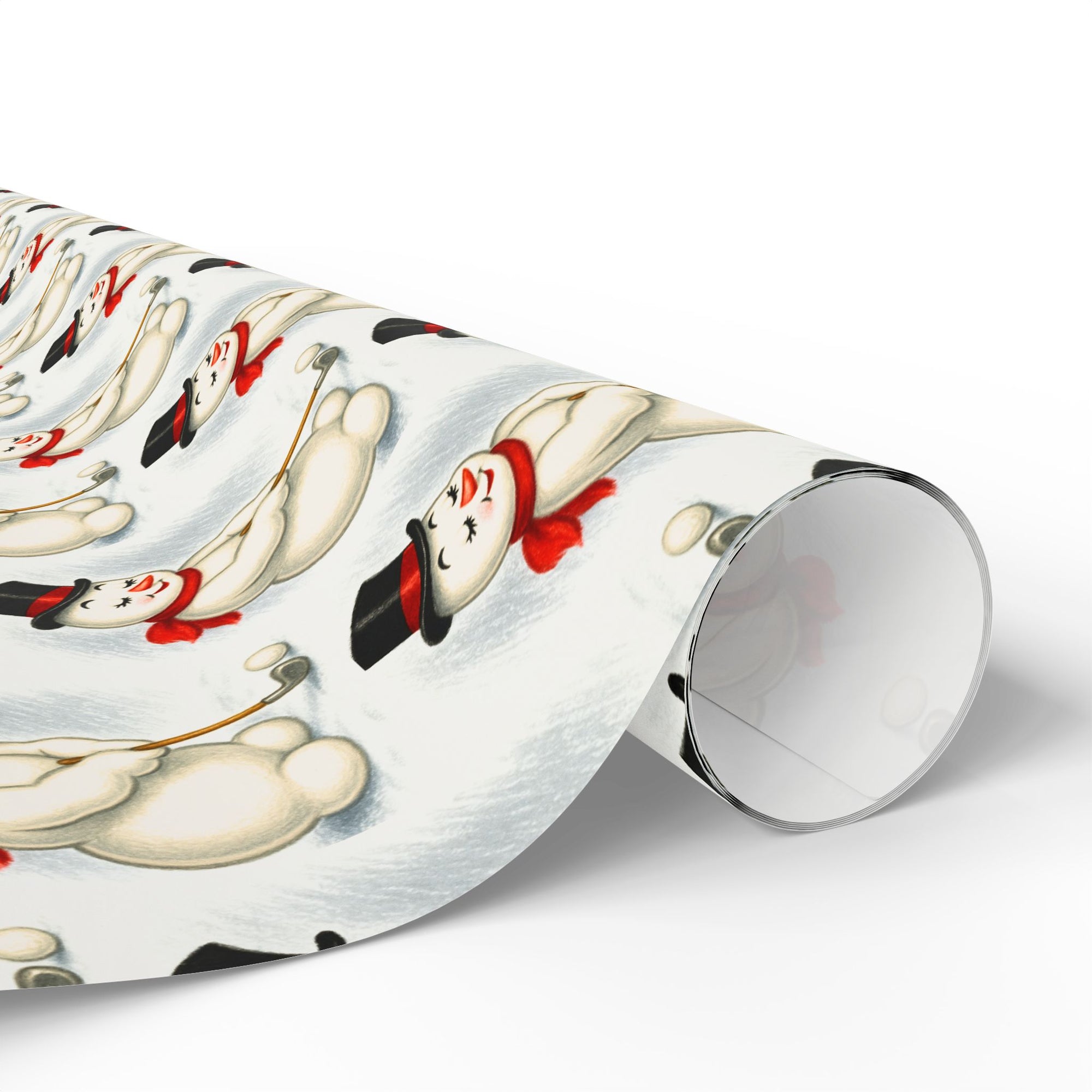 Roll of wrapping paper with a snowman golfing.