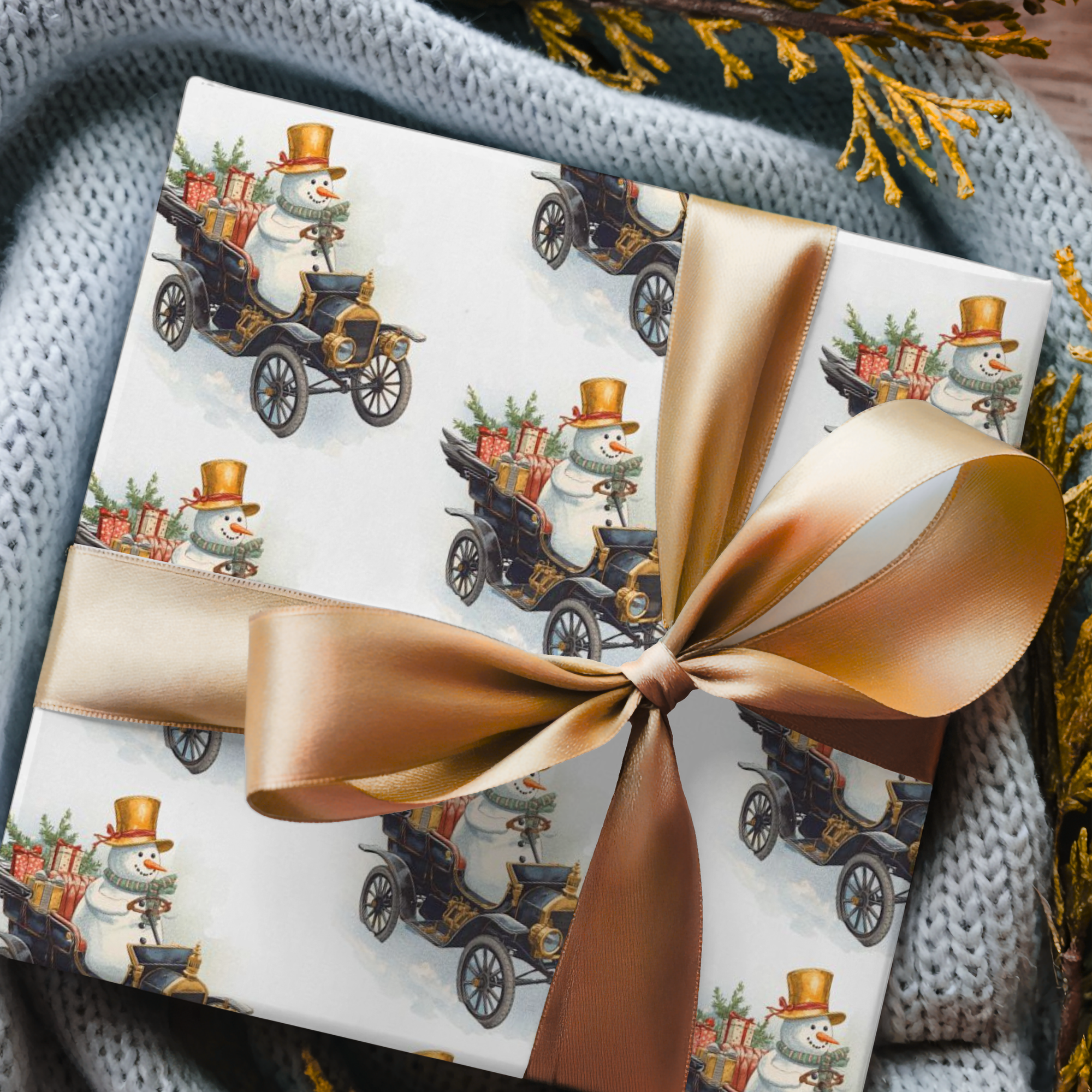 Vintage Snowman Driving Model T Wrapping Paper – Retro Christmas Gift Wrap with Presents