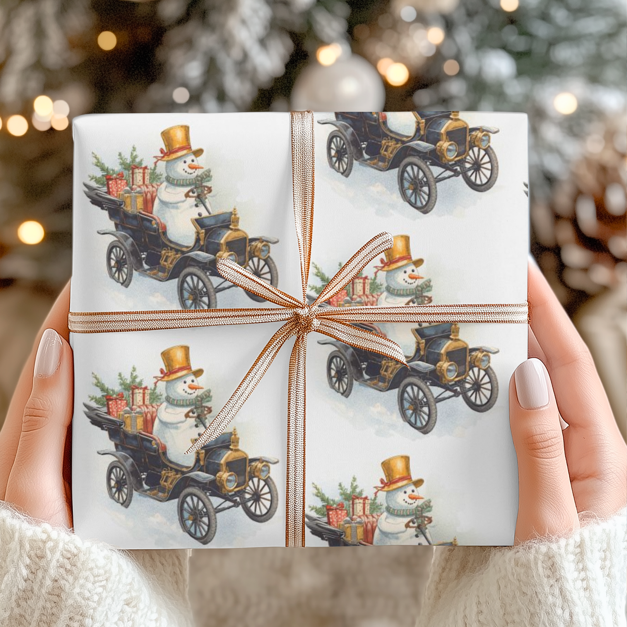 gifts wrapped under a tree in christmas wrapping paper that has a snowman driving a vintage model t 