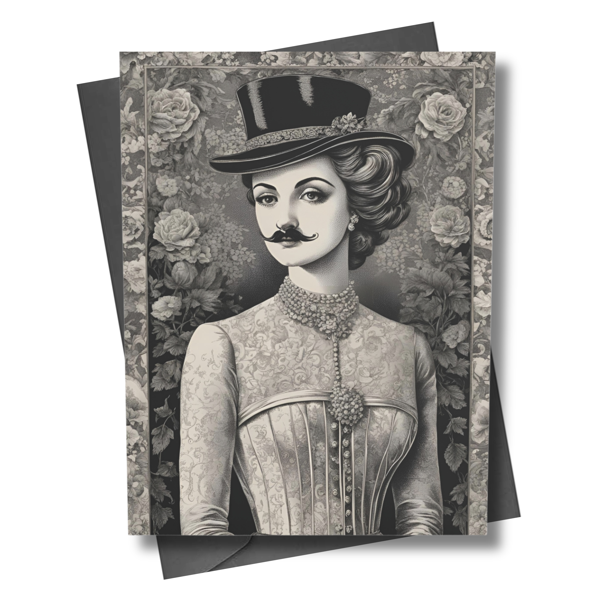 Greeting card with a vintage-style illustration of a woman wearing a top hat and mustache, framed by black and white floral patterns.