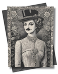 Greeting card with a vintage-style illustration of a woman wearing a top hat and mustache, framed by black and white floral patterns.