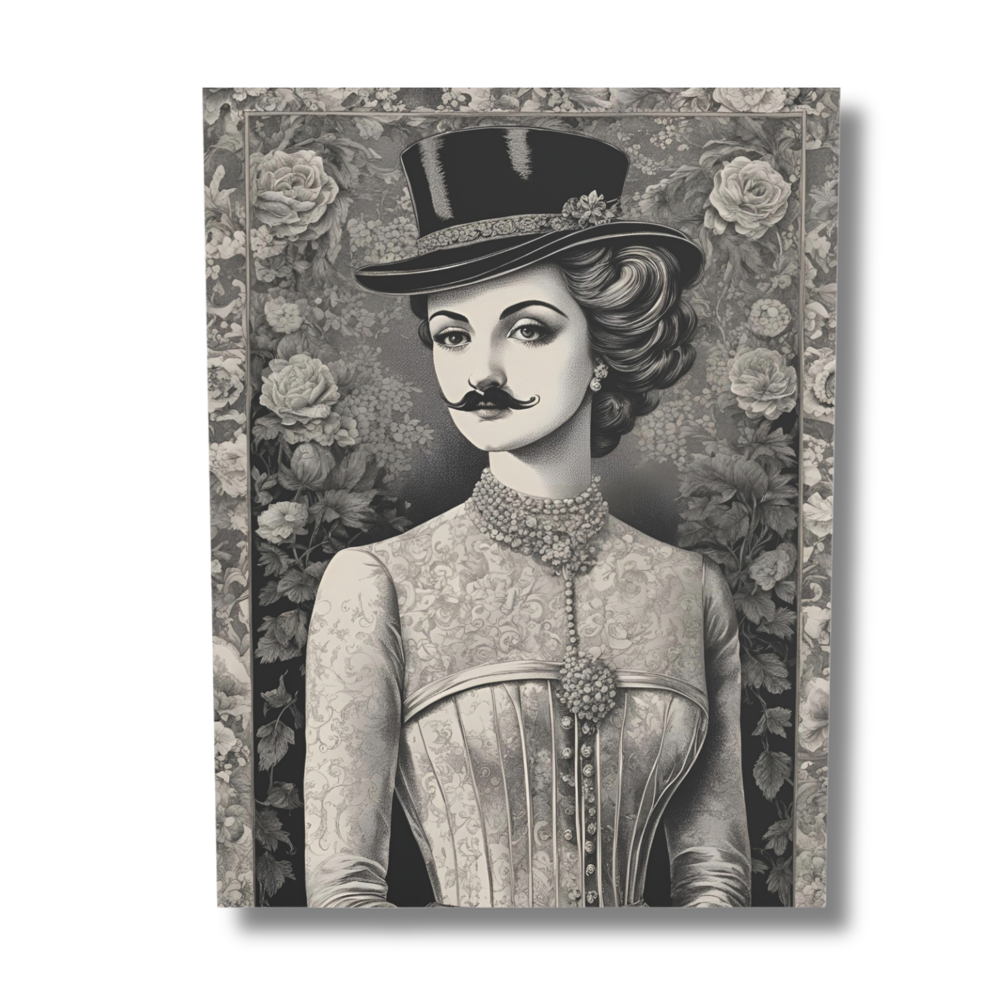 Vintage-style portrait of a woman with a mustache on a floral black and white background.