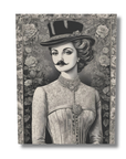 Vintage-style portrait of a woman with a mustache on a floral black and white background.