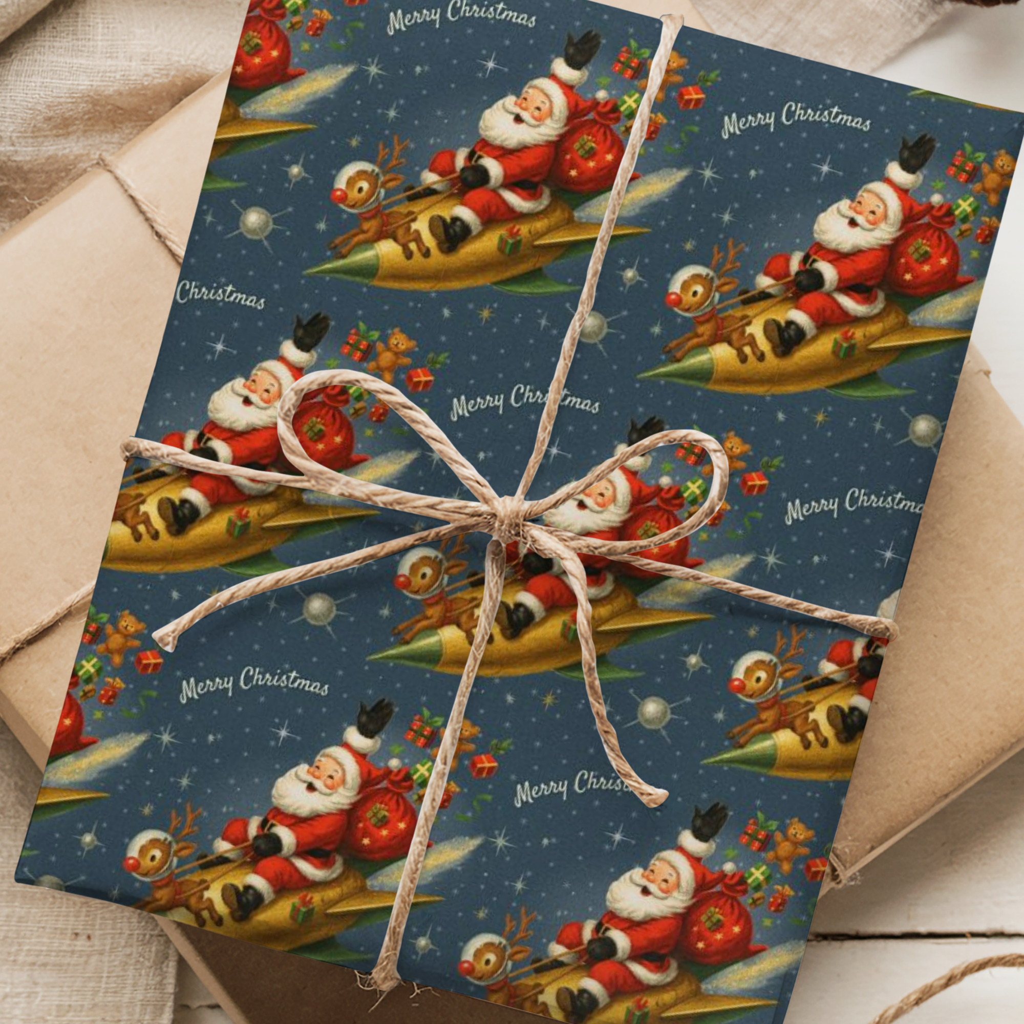 Vintage navy Christmas wrapping paper featuring Santa flying a golden rocket with reindeer and gifts in retro Space Age mid-century style.