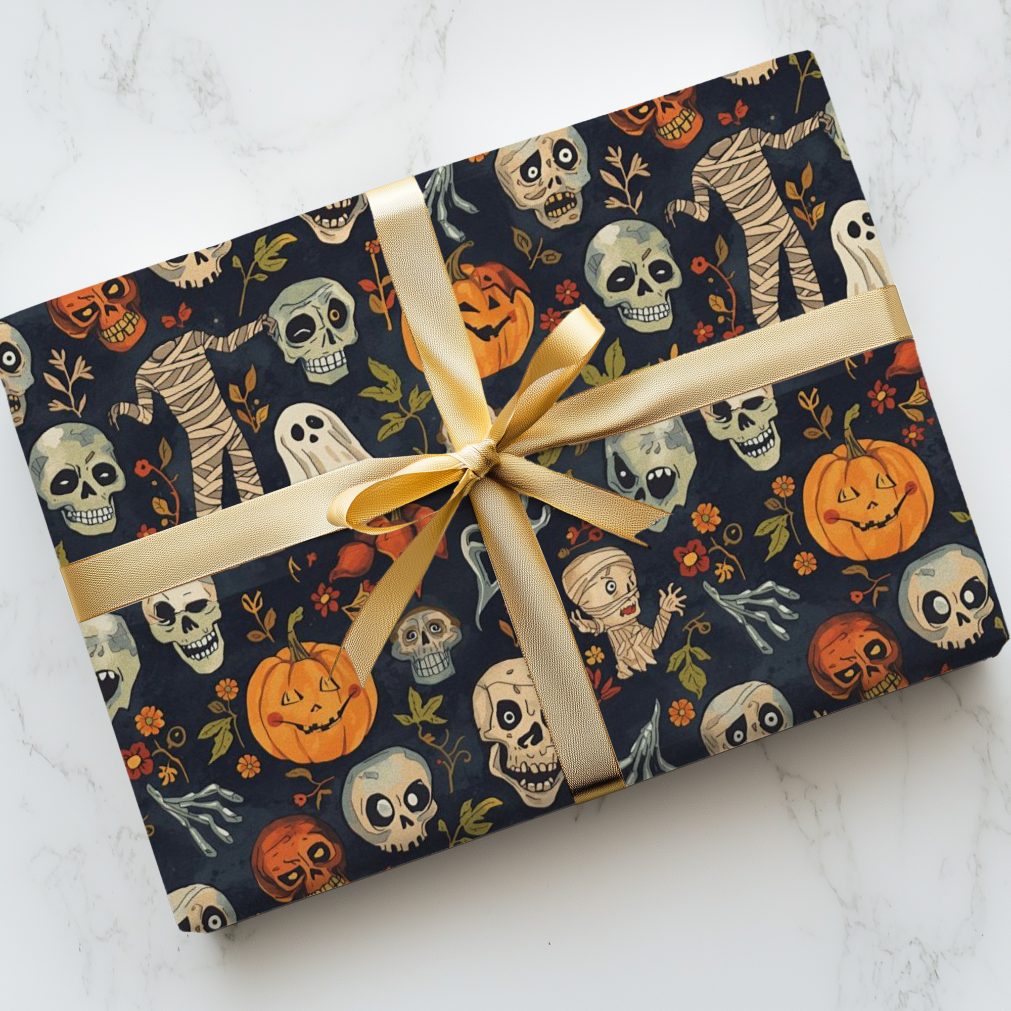 Gift wrapped in Halloween-themed paper with scary mummies and ghosts on a dark background.