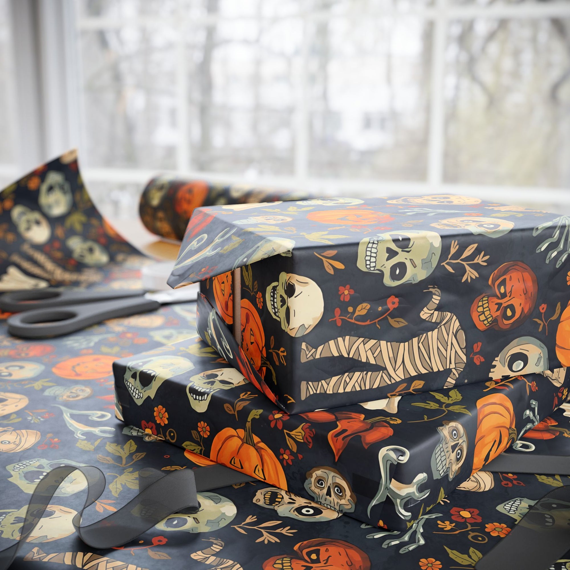 Halloween-themed gift wrap with skeletons, pumpkins, and mummies on a dark background