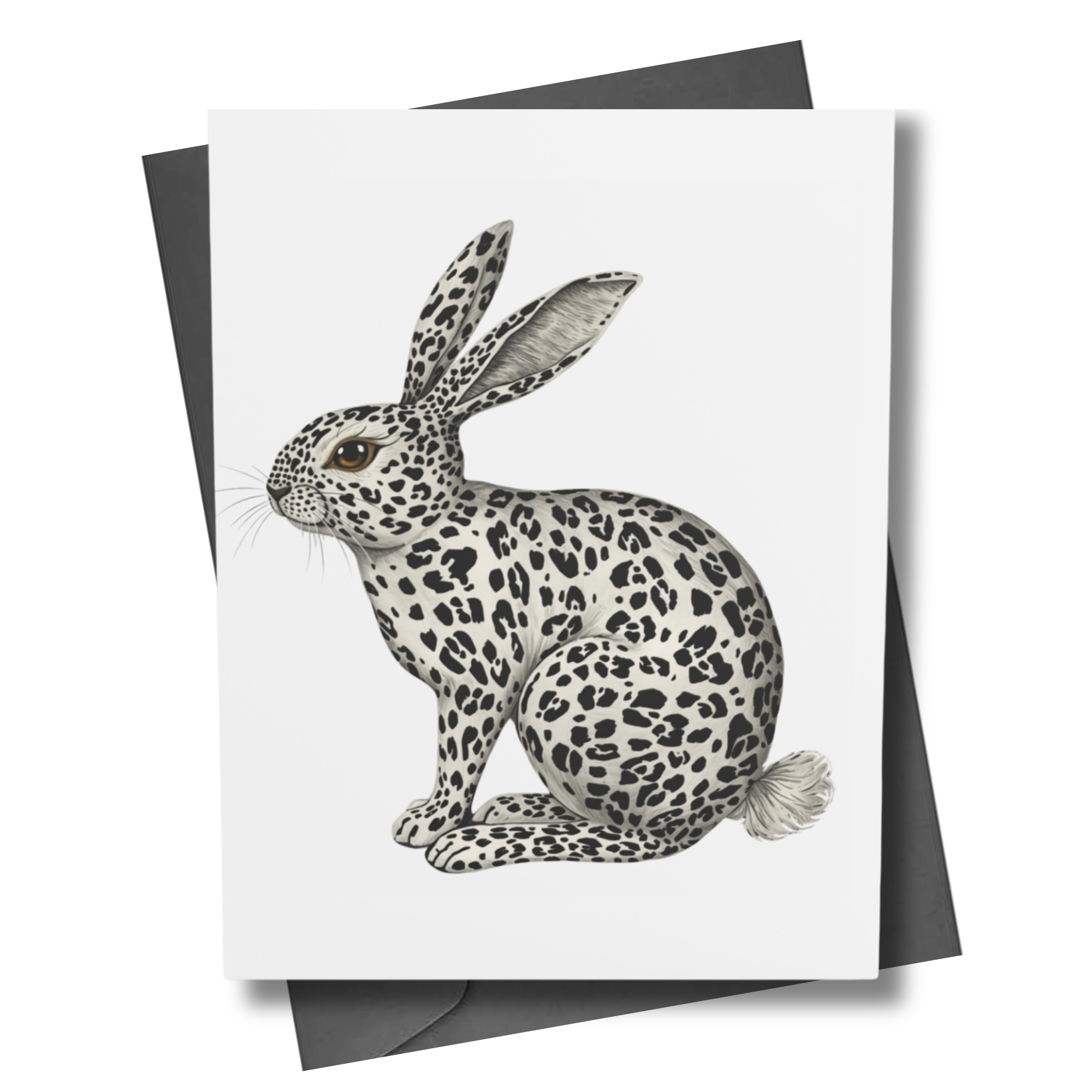 Greeting card with a spotted rabbit illustration on a white background with a gray envelope.