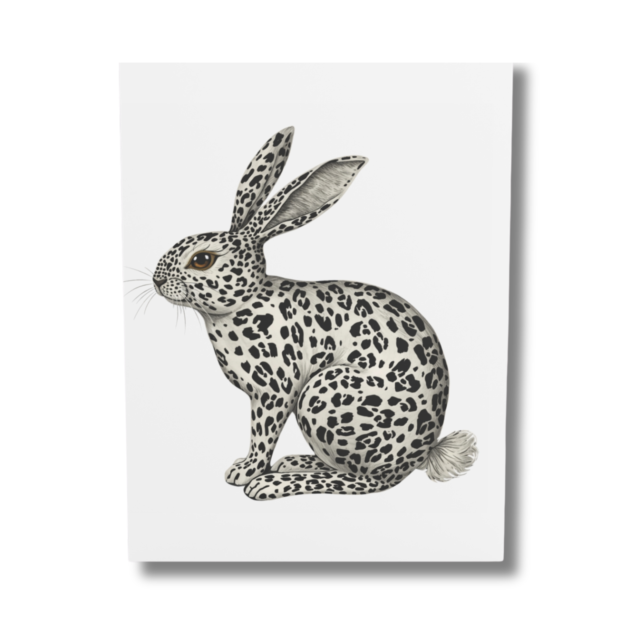 Greeting card featuring a leopard print rabbit illustration on a white background.