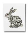 Greeting card featuring a leopard print rabbit illustration on a white background.