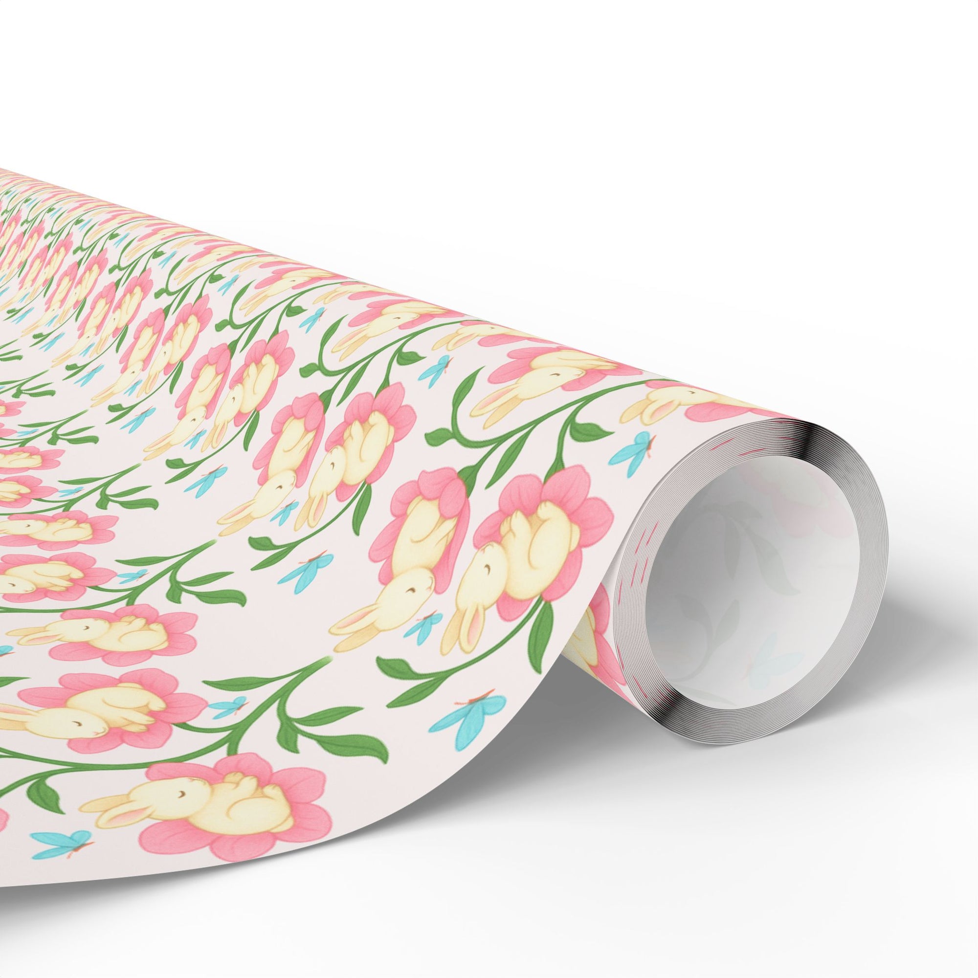 Spring wrapping paper with baby bunnies inside pink flowers and blue butterflies
