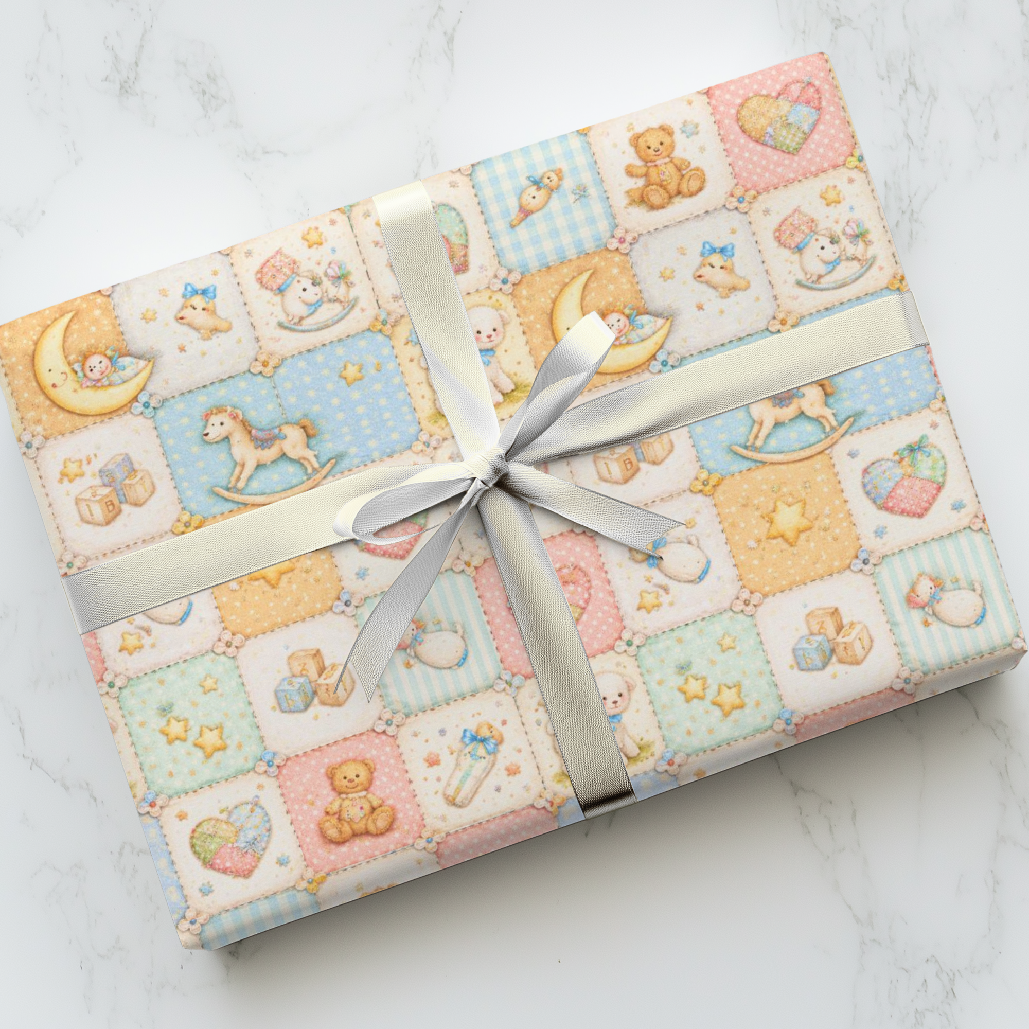 Storybook style baby wrapping paper with quilt pattern featuring teddy bears moons and nursery icons.