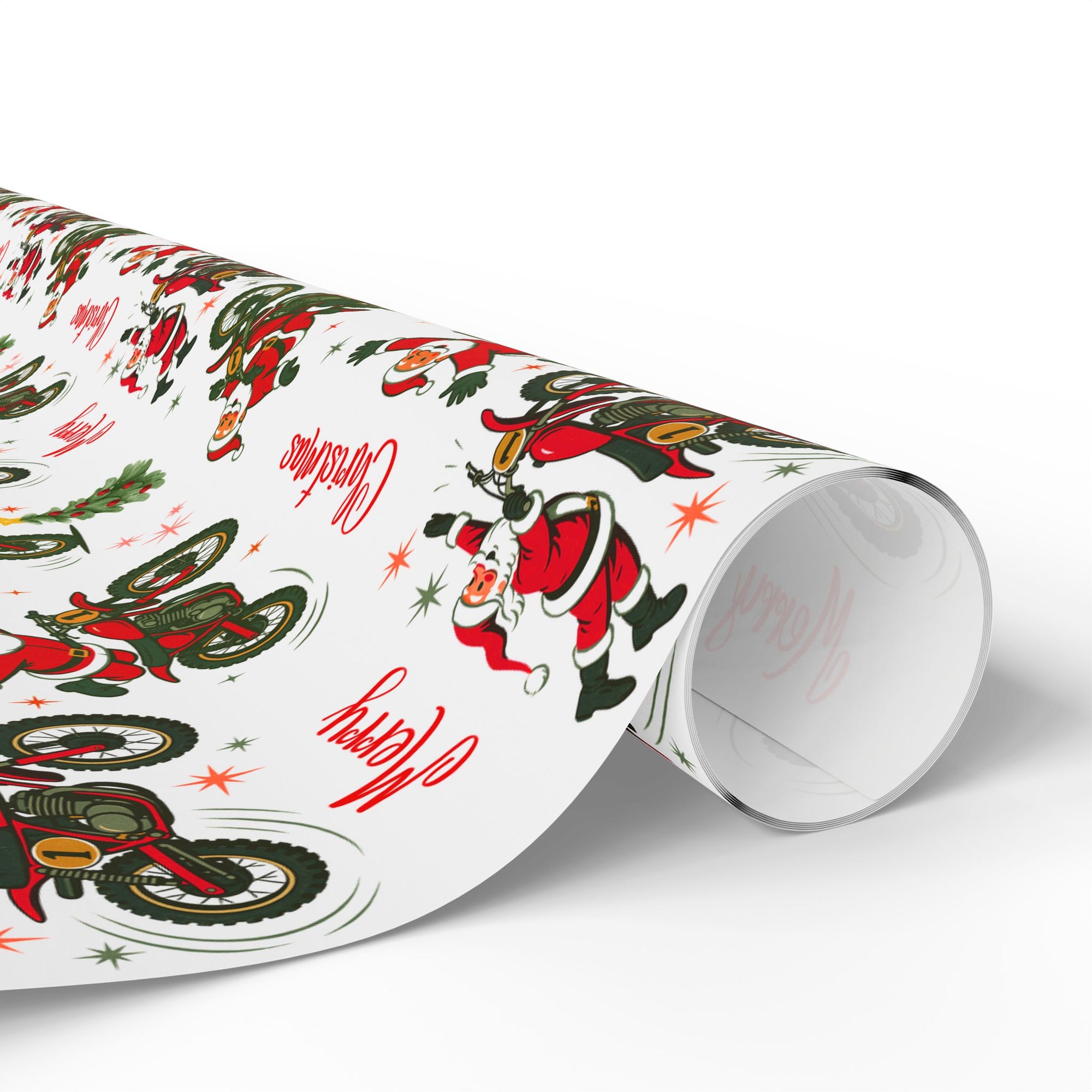 Christmas wrapping paper featuring Santa on a dirt bike doing tricks on a white background.