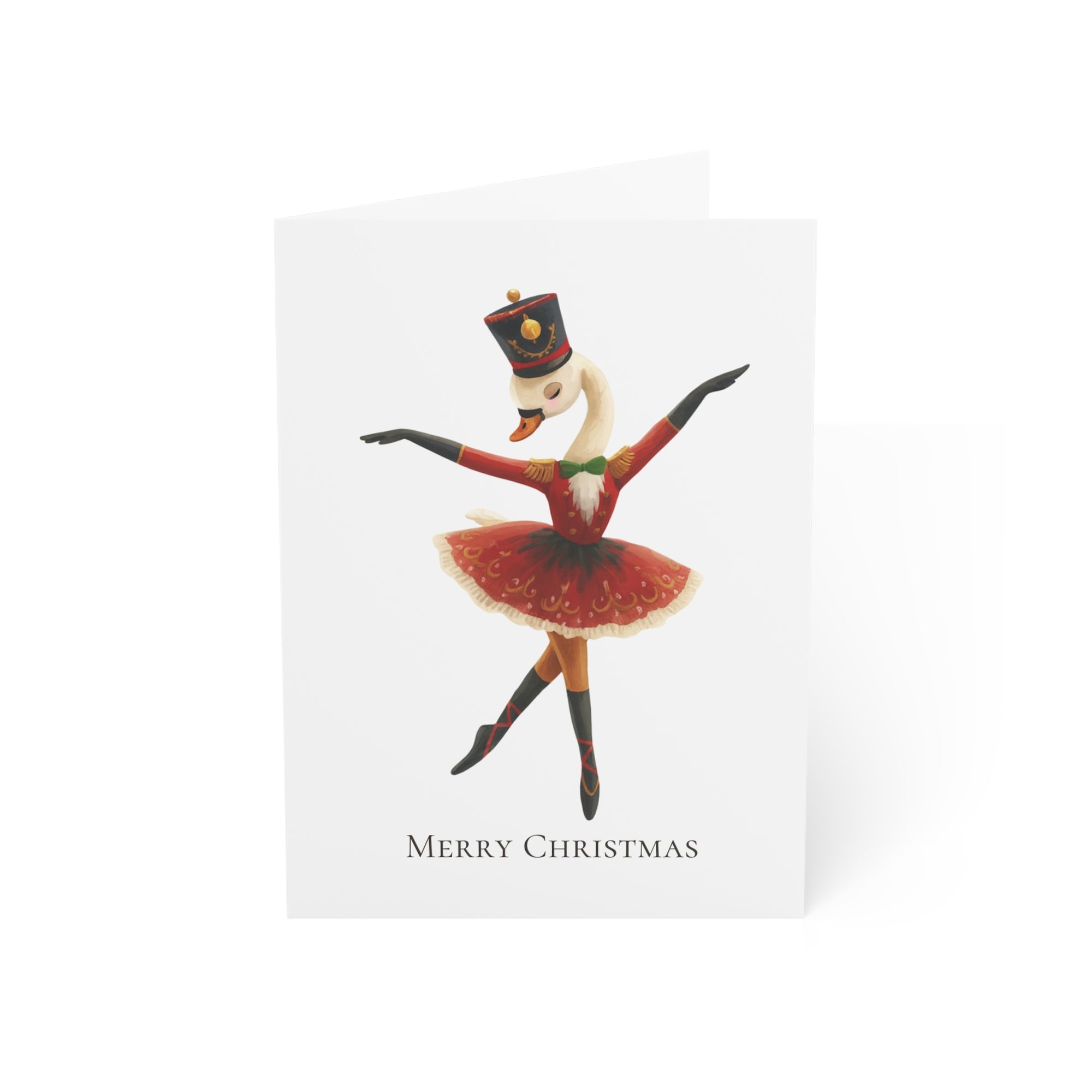 Christmas card with a swan in a tutu and nutcracker hat on a white background
