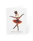 Christmas card with a swan in a tutu and nutcracker hat on a white background
