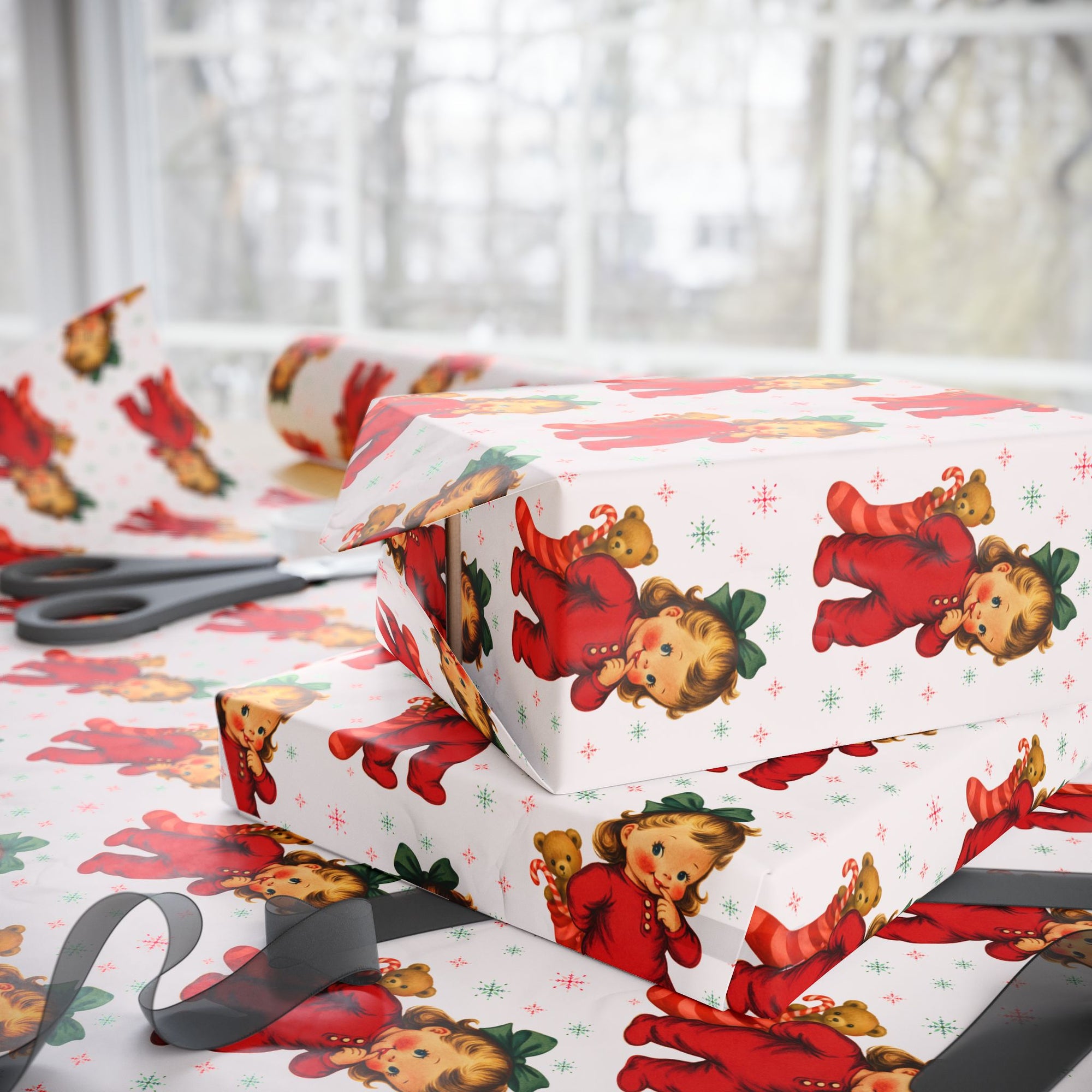 Christmas gift wrap with darling little girl with stocking and teddy bear design.