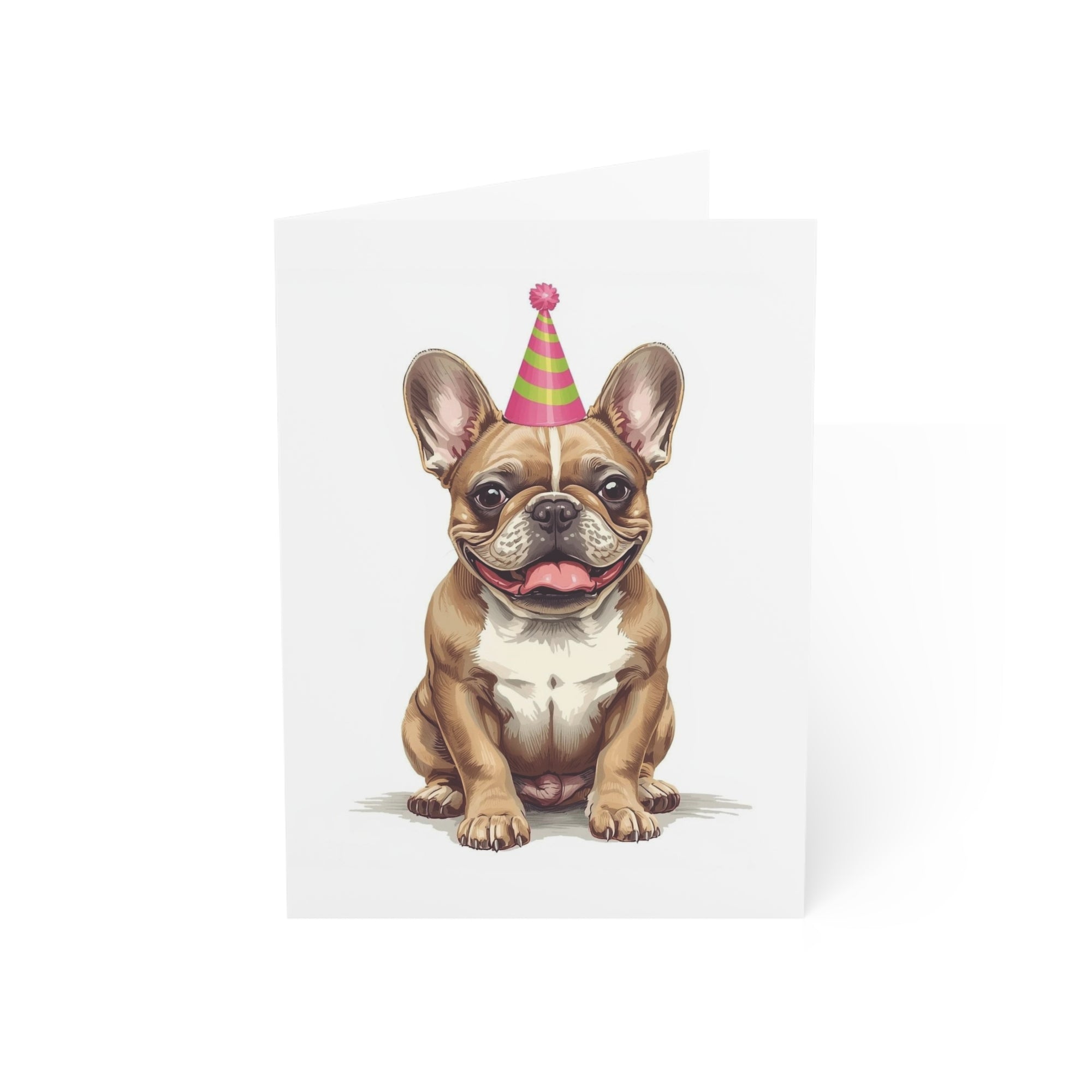 greeting card illustration of a tawny frenchie wearing a birthday hat 