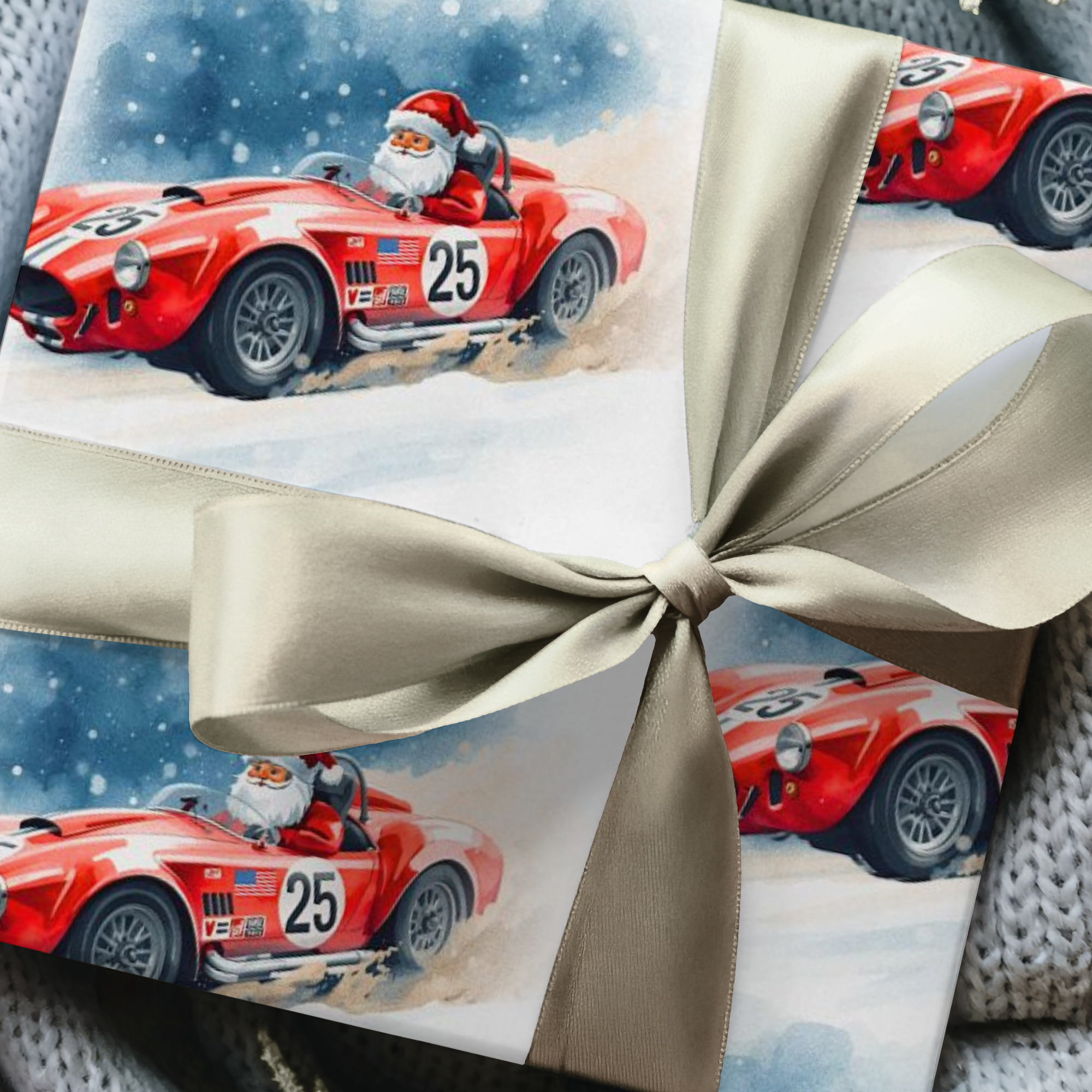 Gift wrapped in christmas paper with santa driving for team usa in a bright red vintage sportcar.