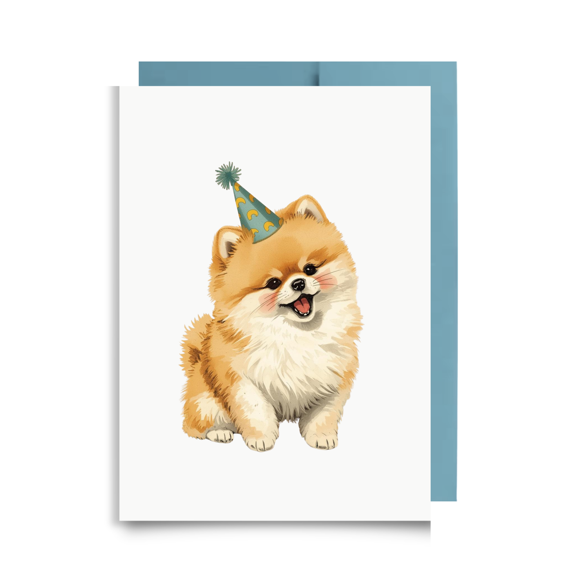 Greeting card with a Pomeranian dog wearing a party hat on a white background.
