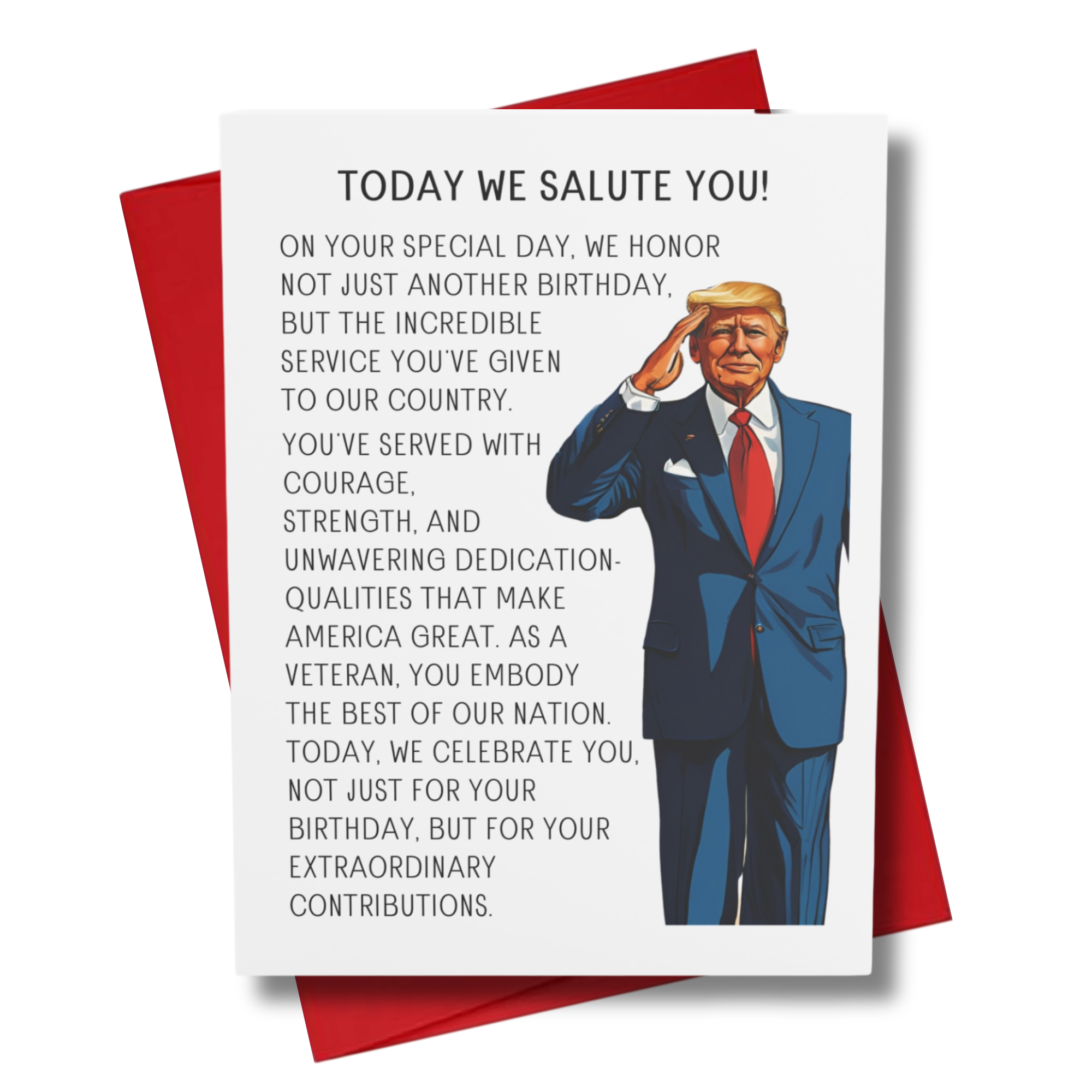Veteran Birthday card with  a presidential salute and celebratory text on a red envelope.