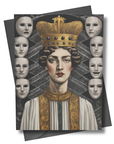 Card with a regal figure wearing a crown and robes, surrounded by masks on a white background.