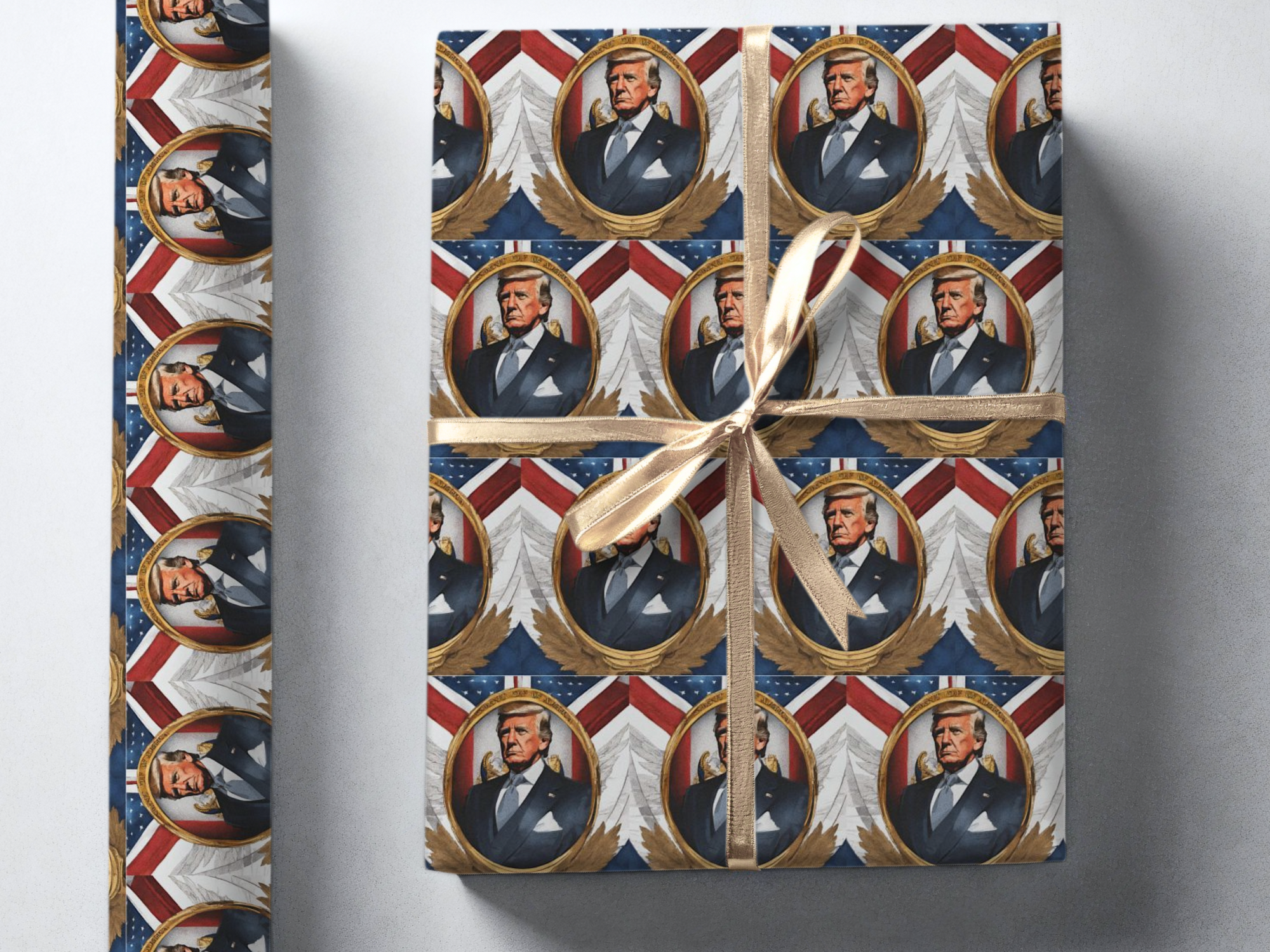 gift wrapped package with a design in red white and blue with an image of the president of the united states top view