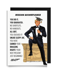 Graduation card featuring Trump as Agent 0047 at a gold desk celebrating a high-value mission with no participation trophies.