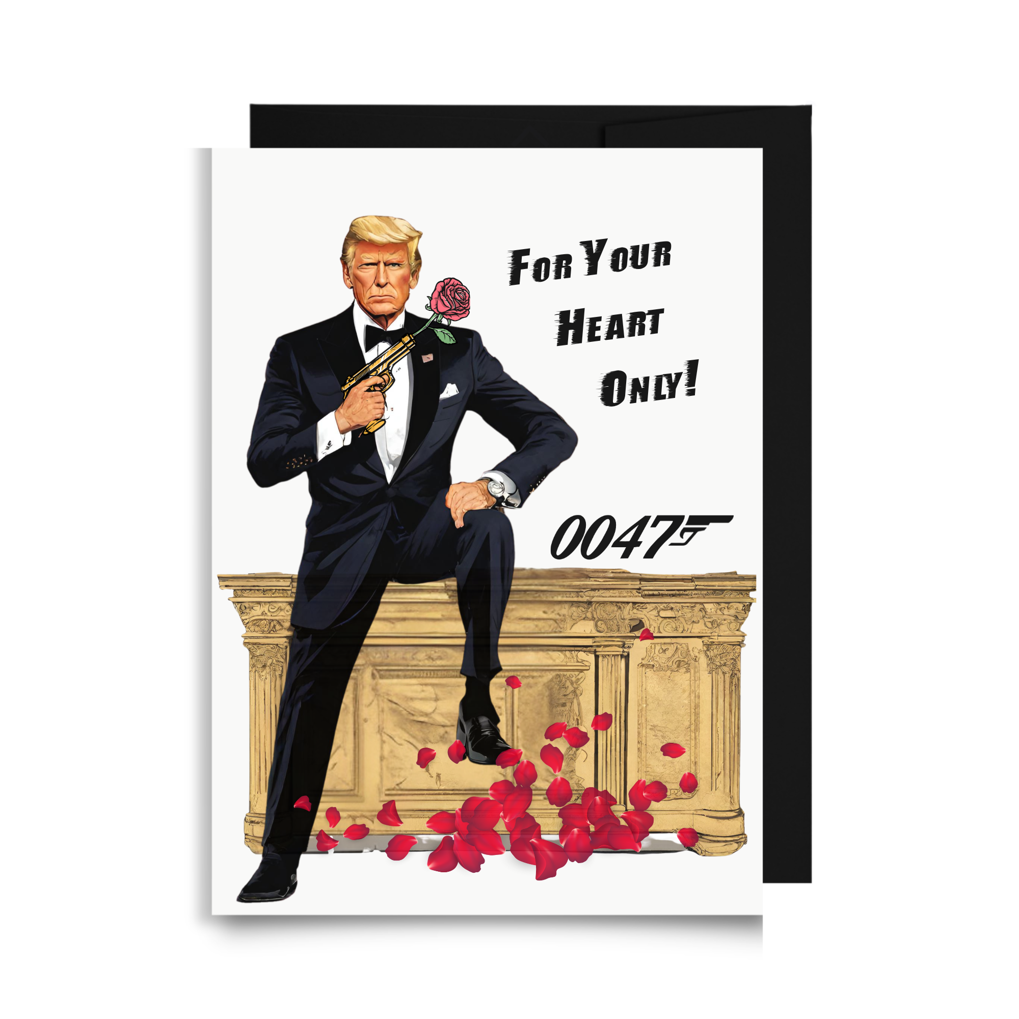 Romantic Trump 0047 parody card where a secret agent gun is shooting out rose petals and flowers for Valentine's Day or an anniversary.