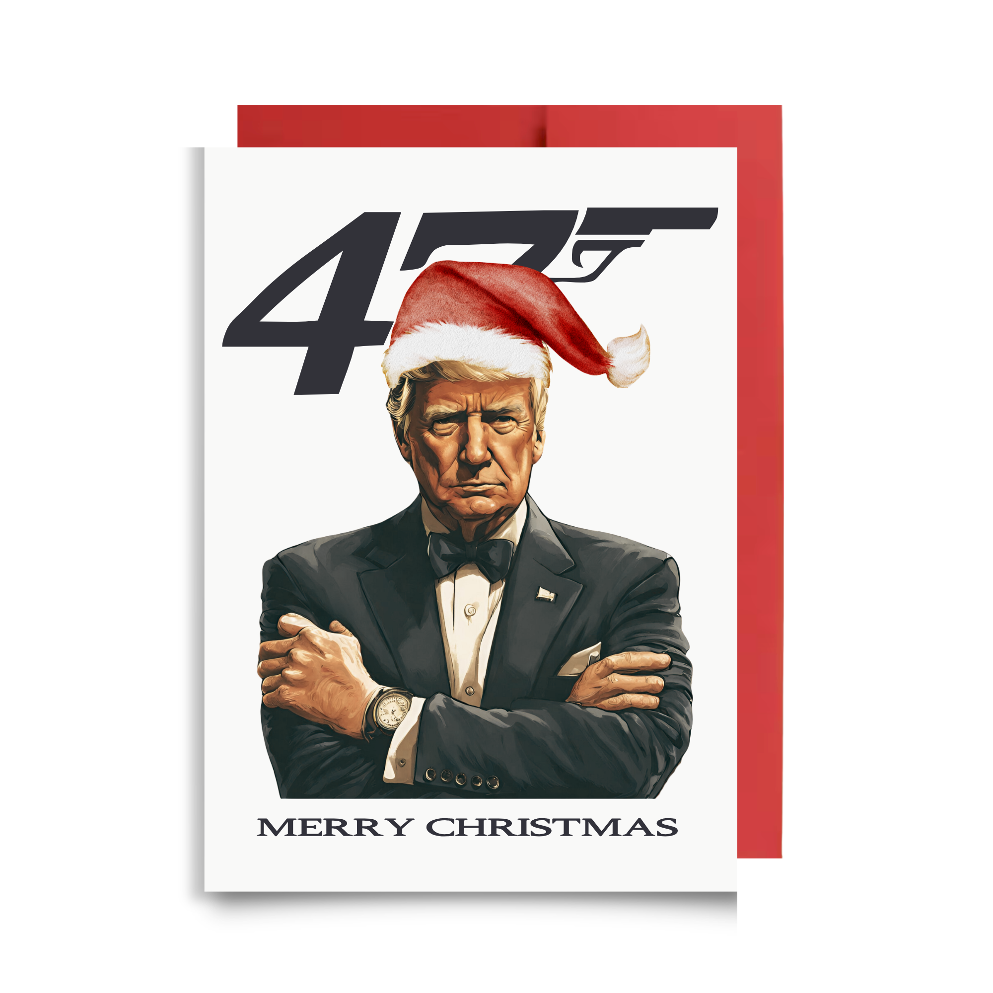 Trump 0047 Christmas card titled Operation Santa Disguise featuring Agent 0047 in a tuxedo and a red Santa hat for a holiday mission.