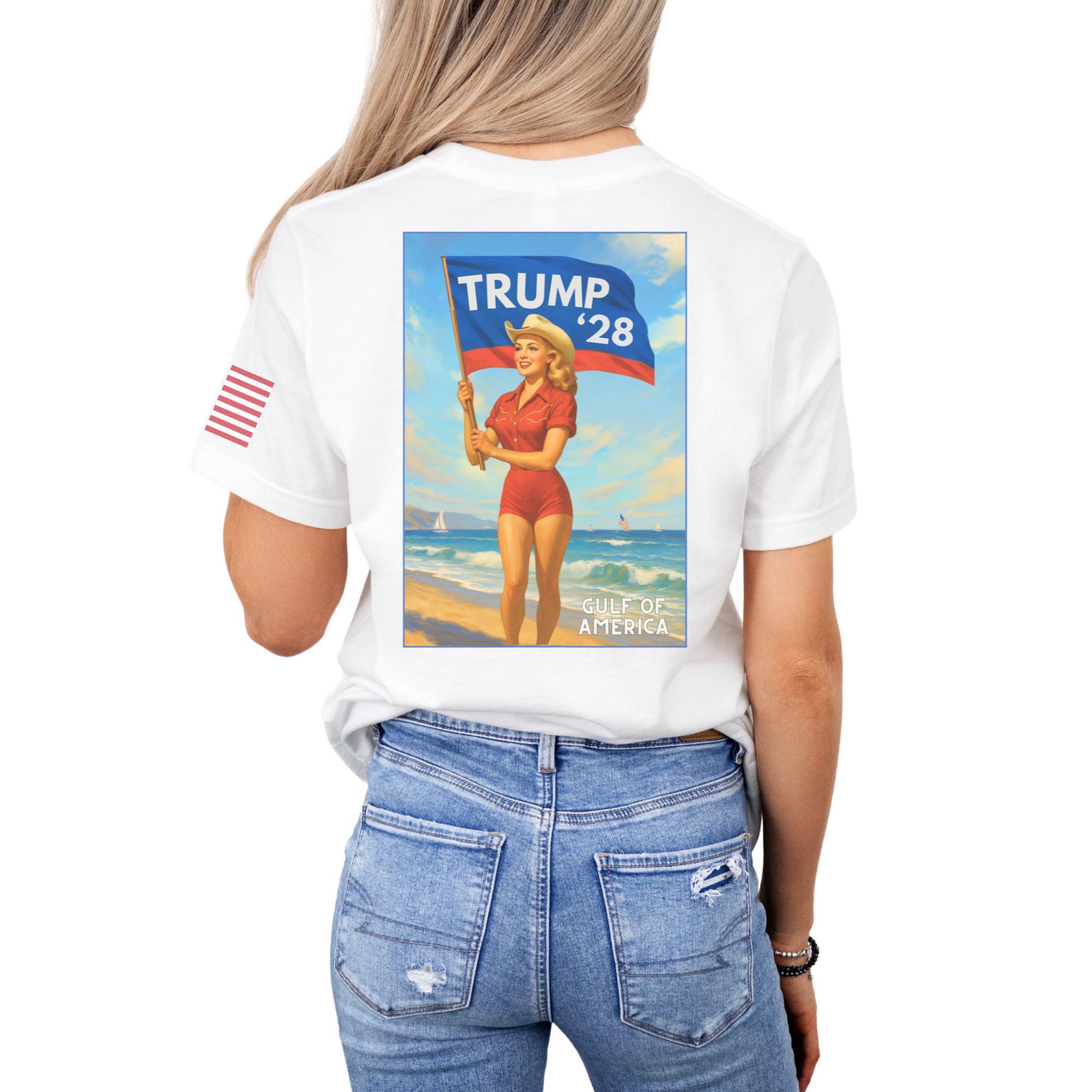 White t-shirt with a graphic of a woman holding a flag and 'TRUMP 28' text on the back, worn by a person.