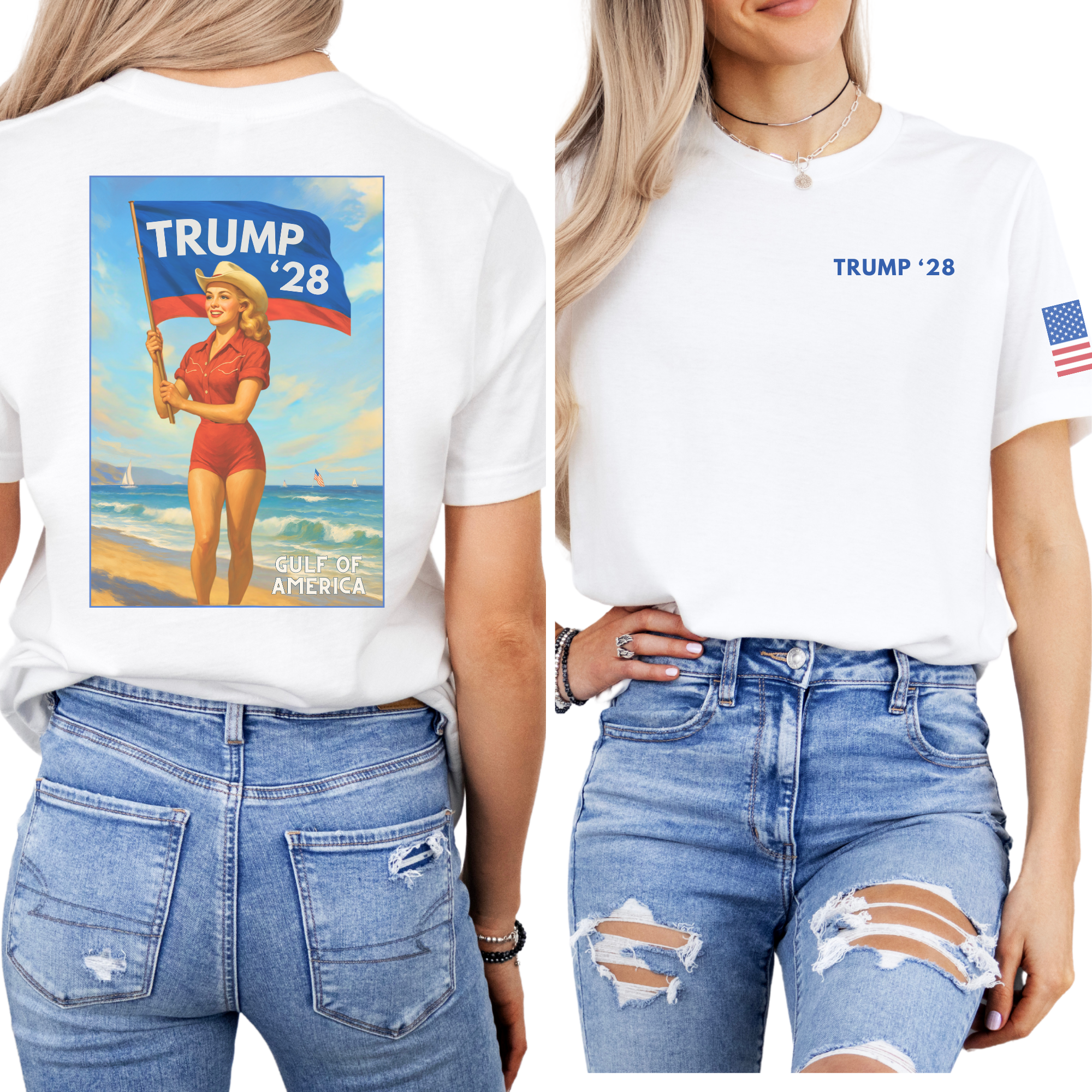 White t-shirt with vintage-style graphic and 'TRUMP '28' text, worn by a person with ripped jeans.