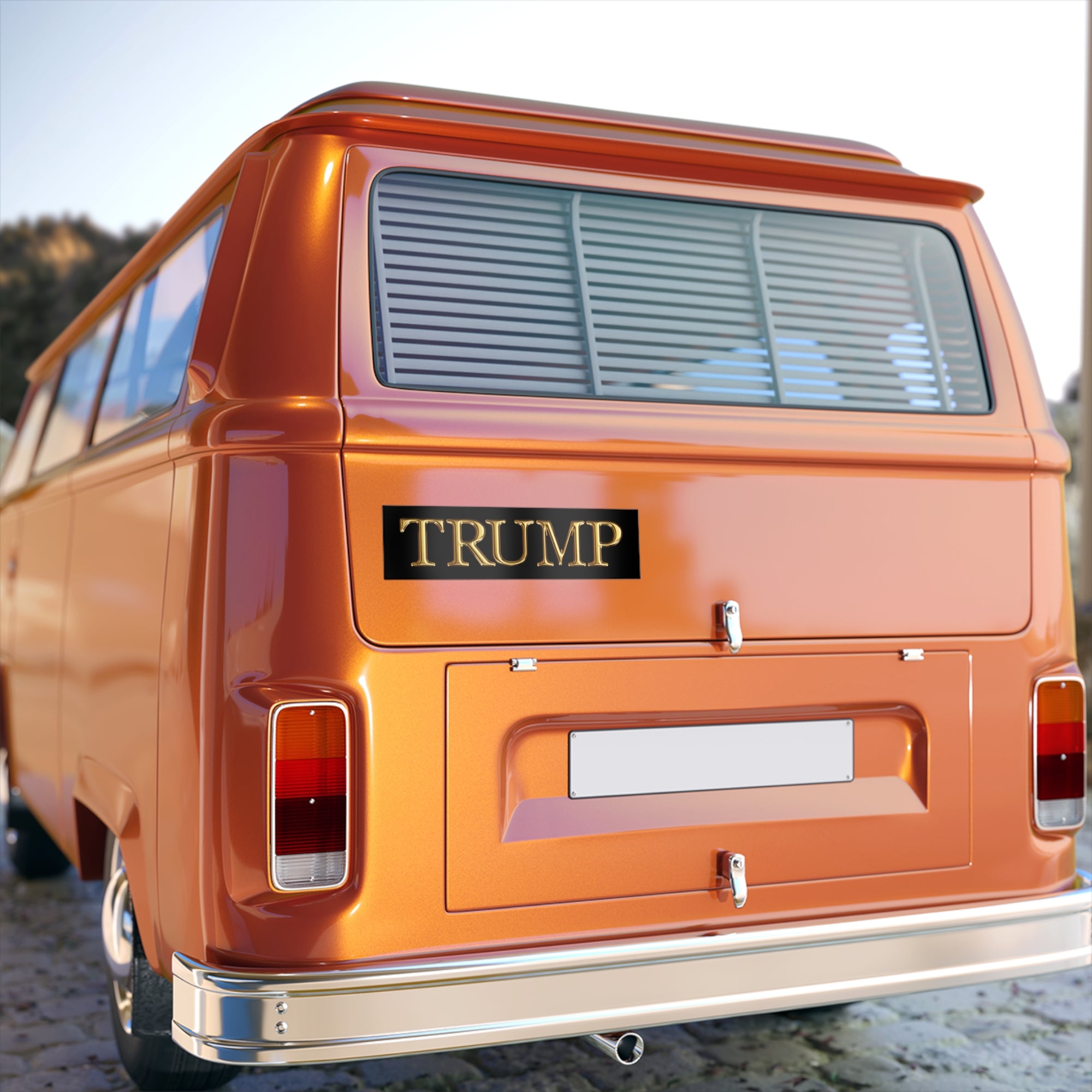 Orange van with 'TRUMP' branding on a blurred background