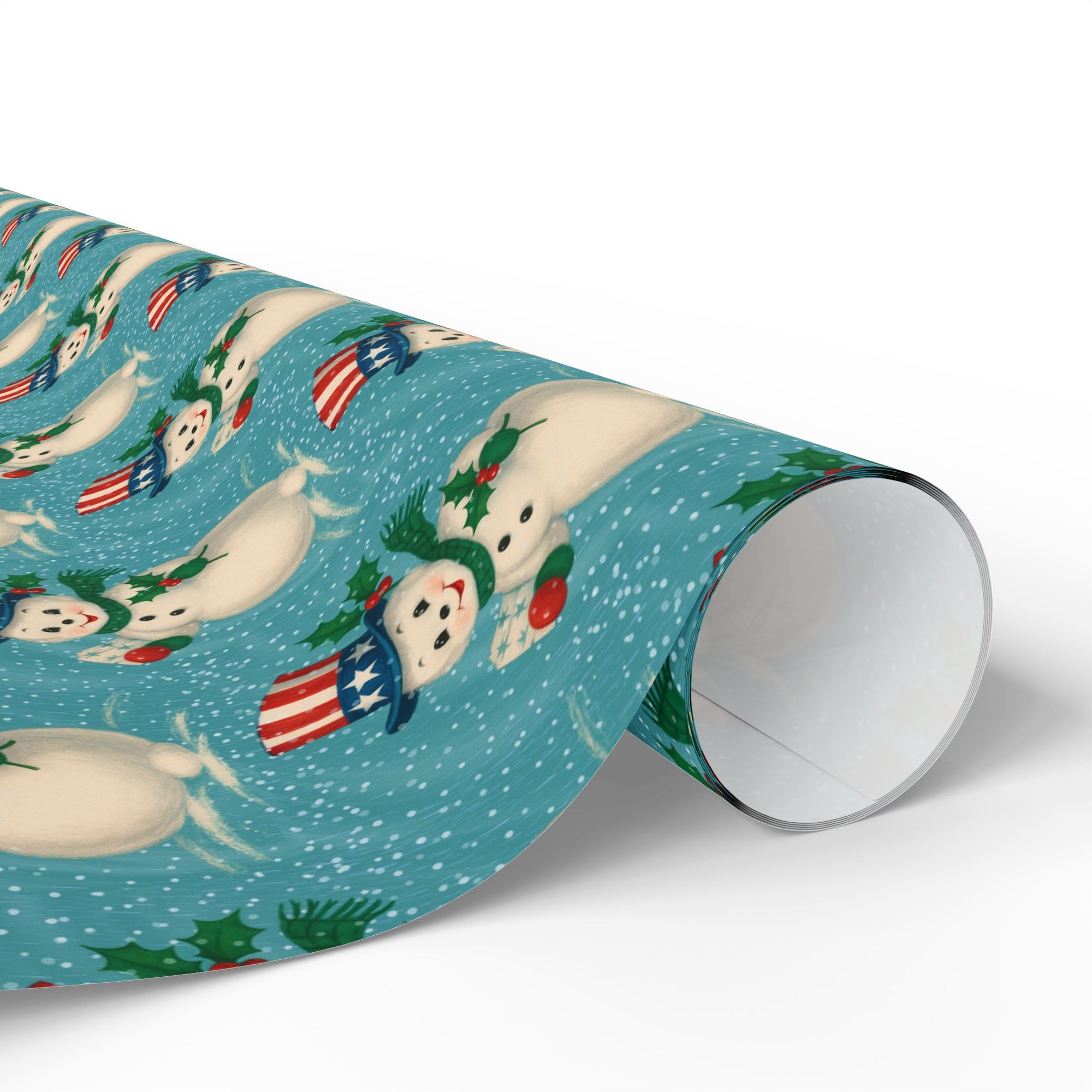 Patriotic snowman wrapping paper with Uncle Sam hats and holly on teal snowy background