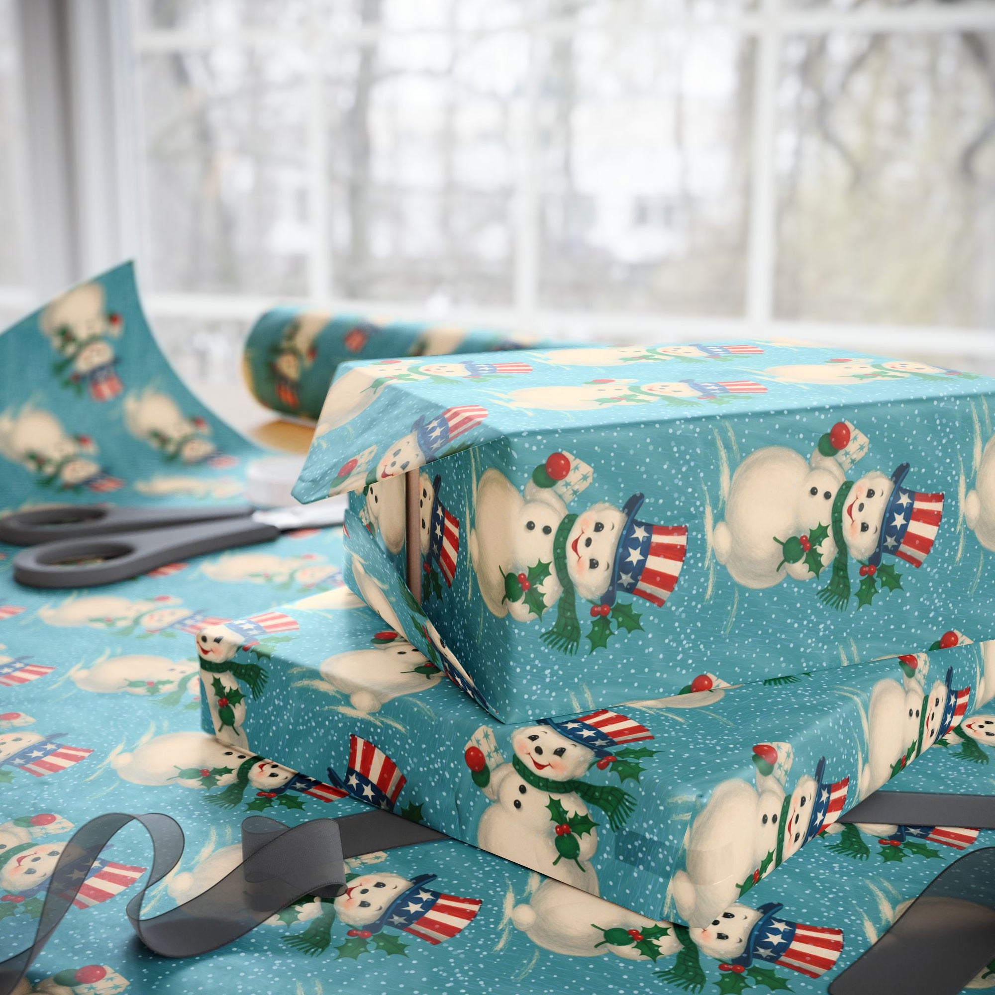 Uncle Sam snowman wrapping paper with Patriotic hats and holly on teal snowy background.