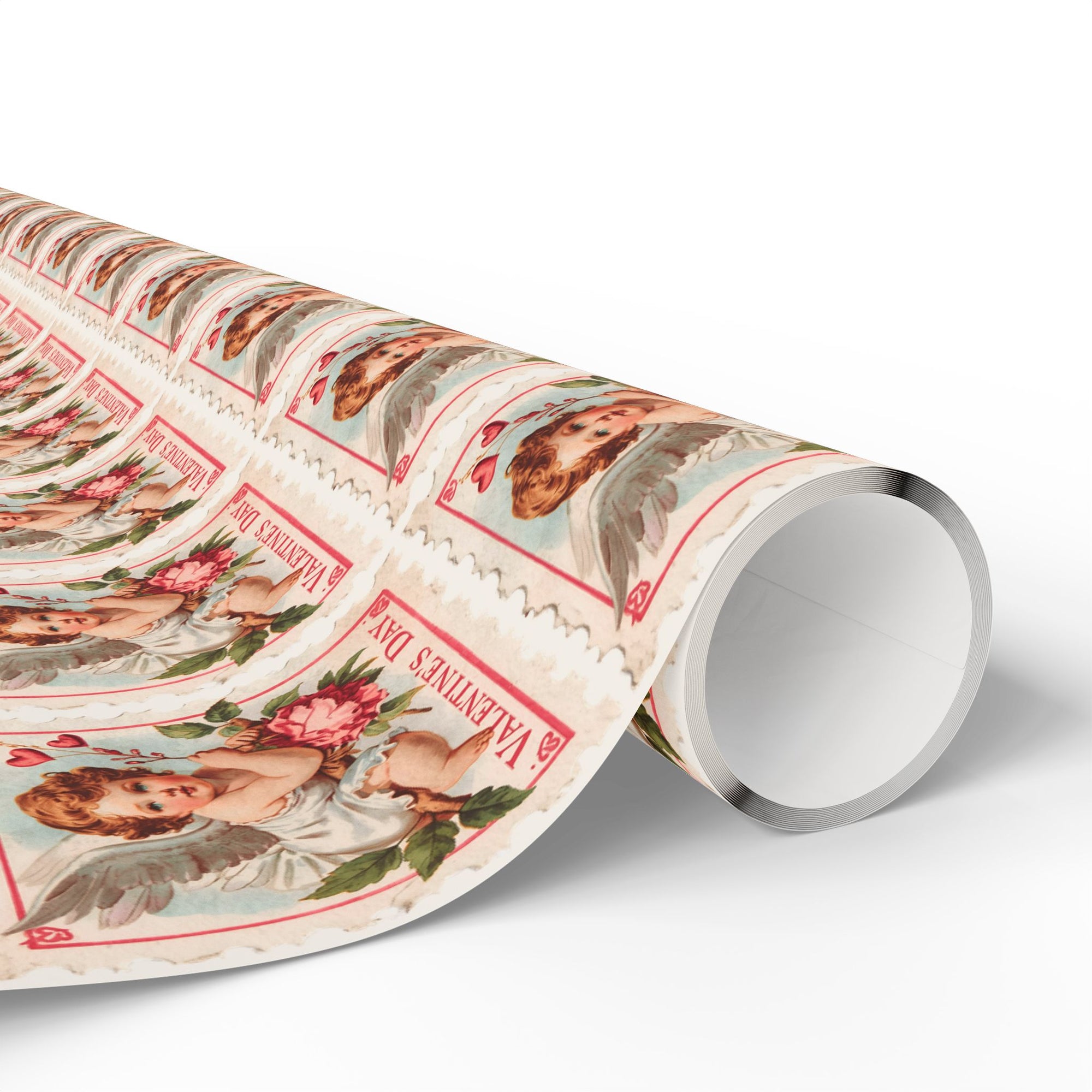 Roll of vintage-style wrapping paper with cherub designs on a white background