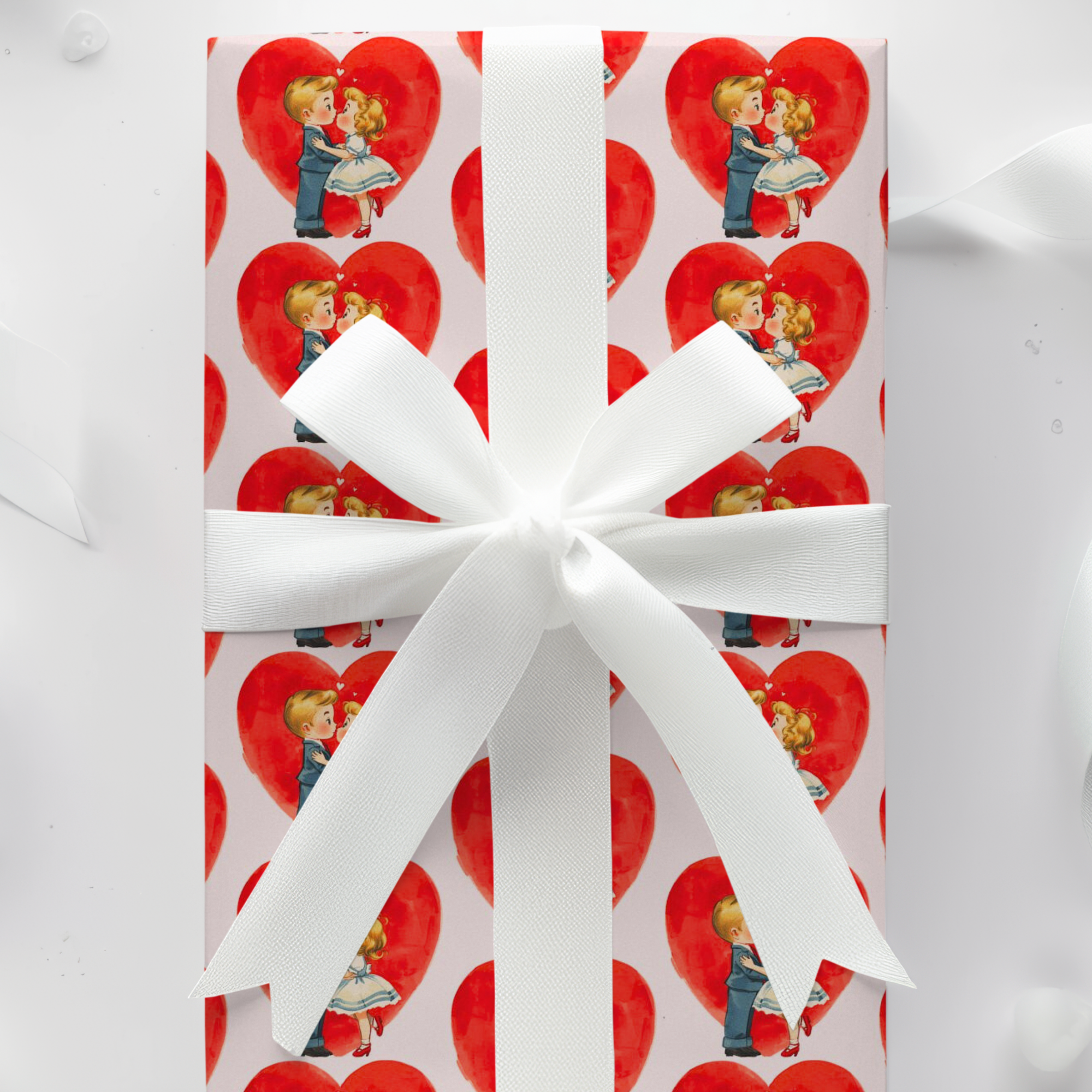 Retro valentine's day wrapping paper with retro girl and boy kissing.