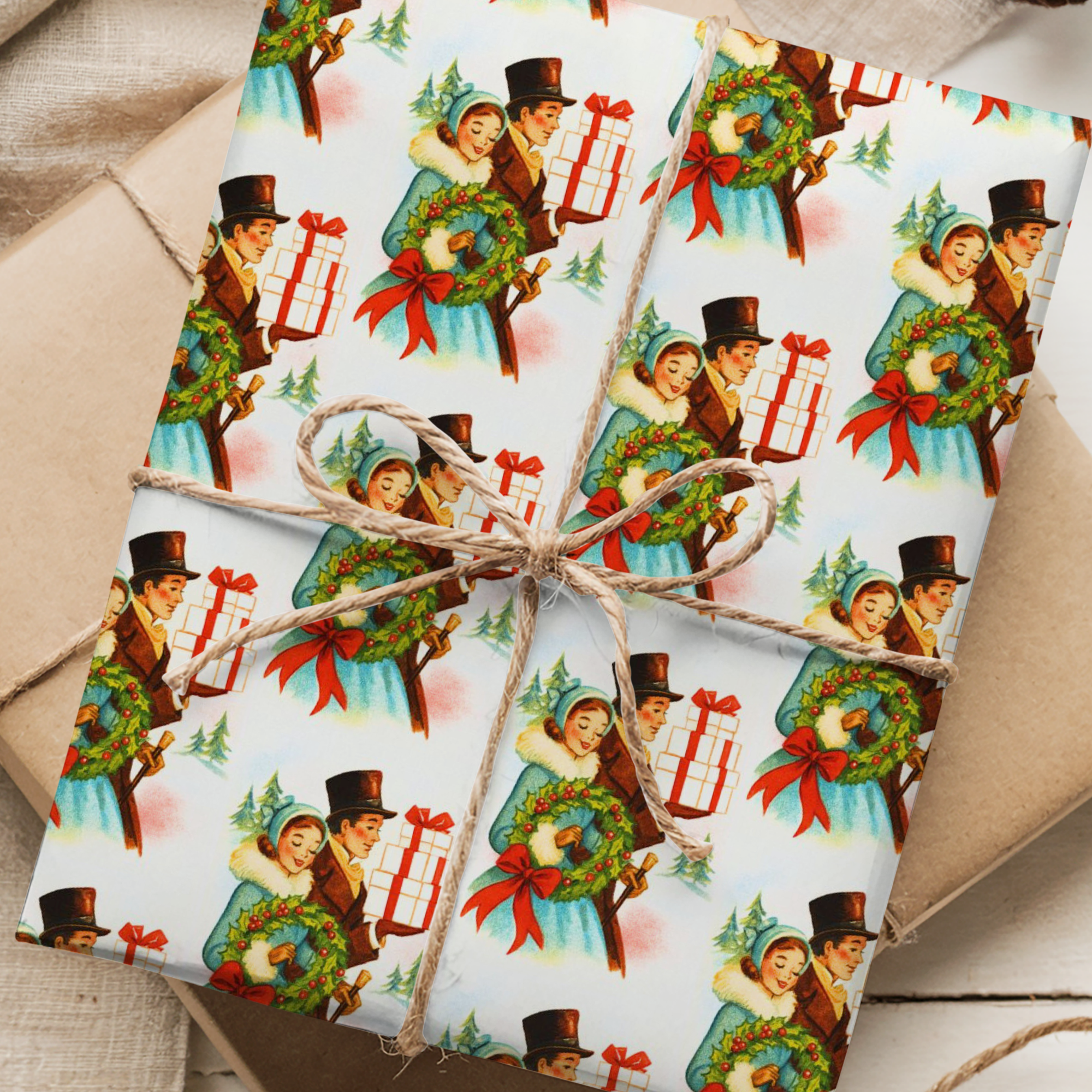 Vintage Victorian Christmas wrapping paper featuring carolers holding a wreath and gift against snowy pine background.