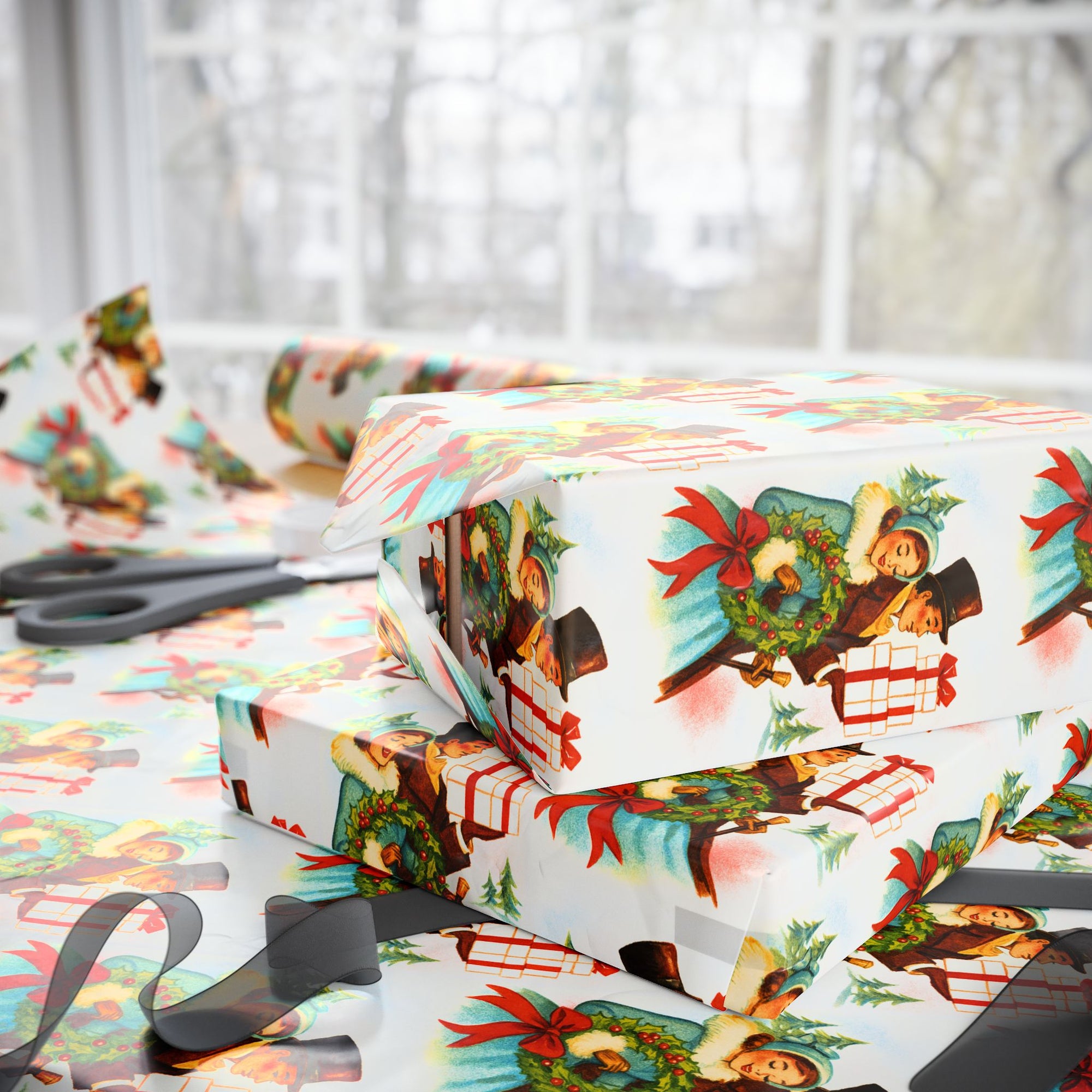 Vintage Victorian Christmas wrapping paper featuring carolers holding a wreath and gift against snowy pine background.