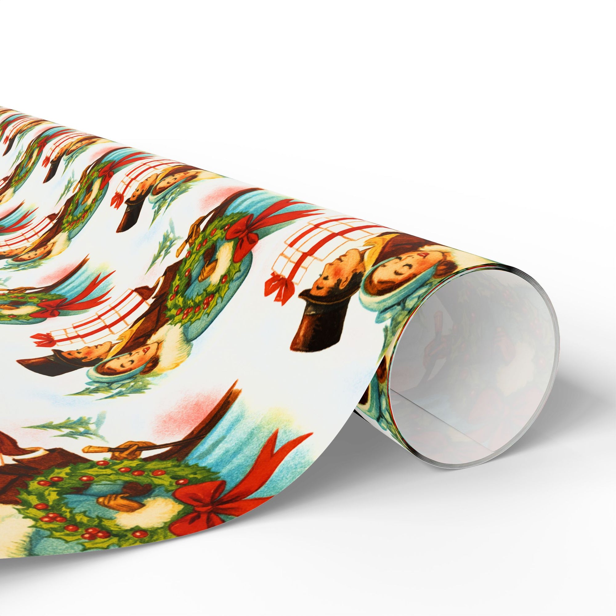 Vintage Victorian Christmas wrapping paper featuring carolers holding a wreath and gift against snowy pine background.