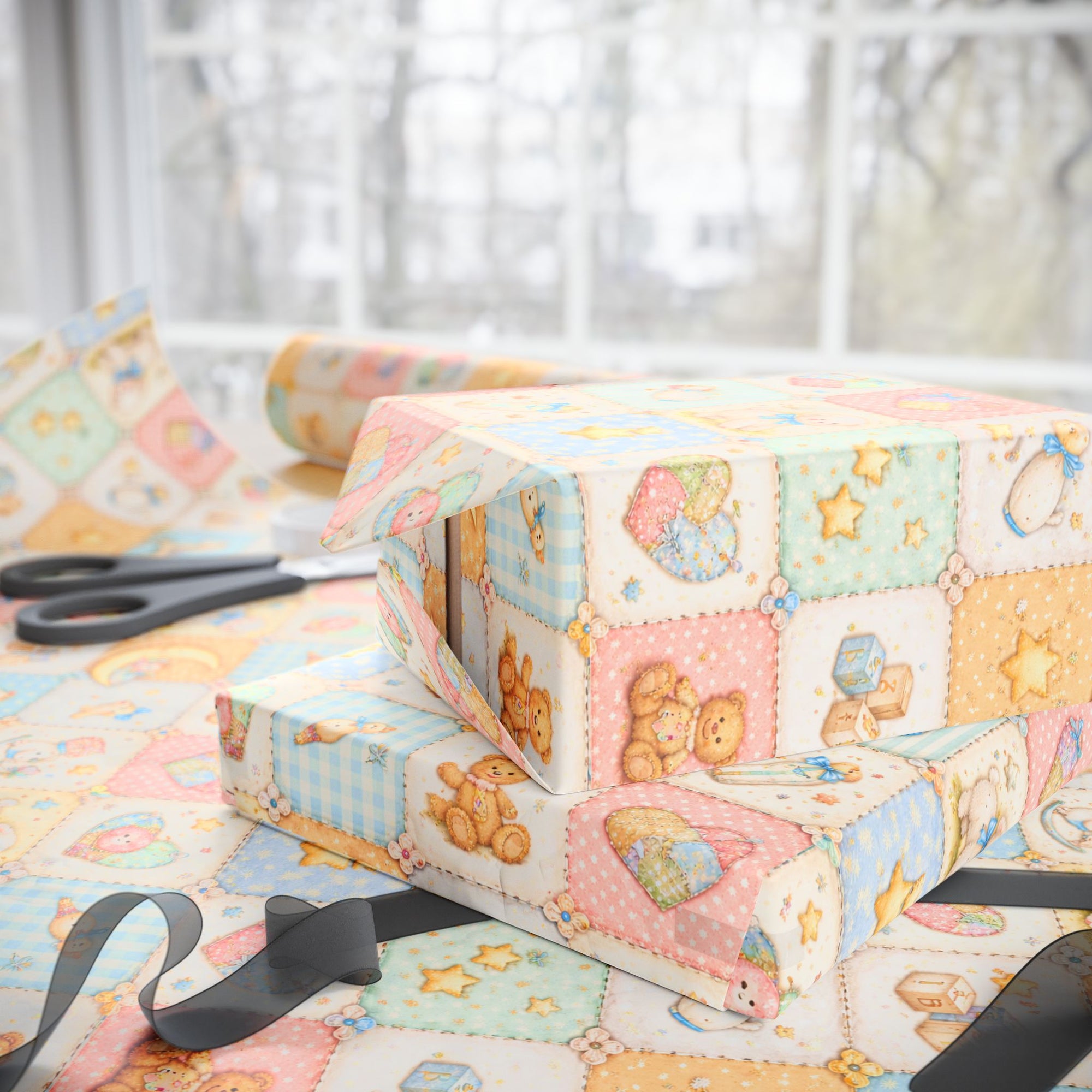Close up of vintage baby quilt wrapping paper showing patchwork squares with teddy bears stars and rocking horses.