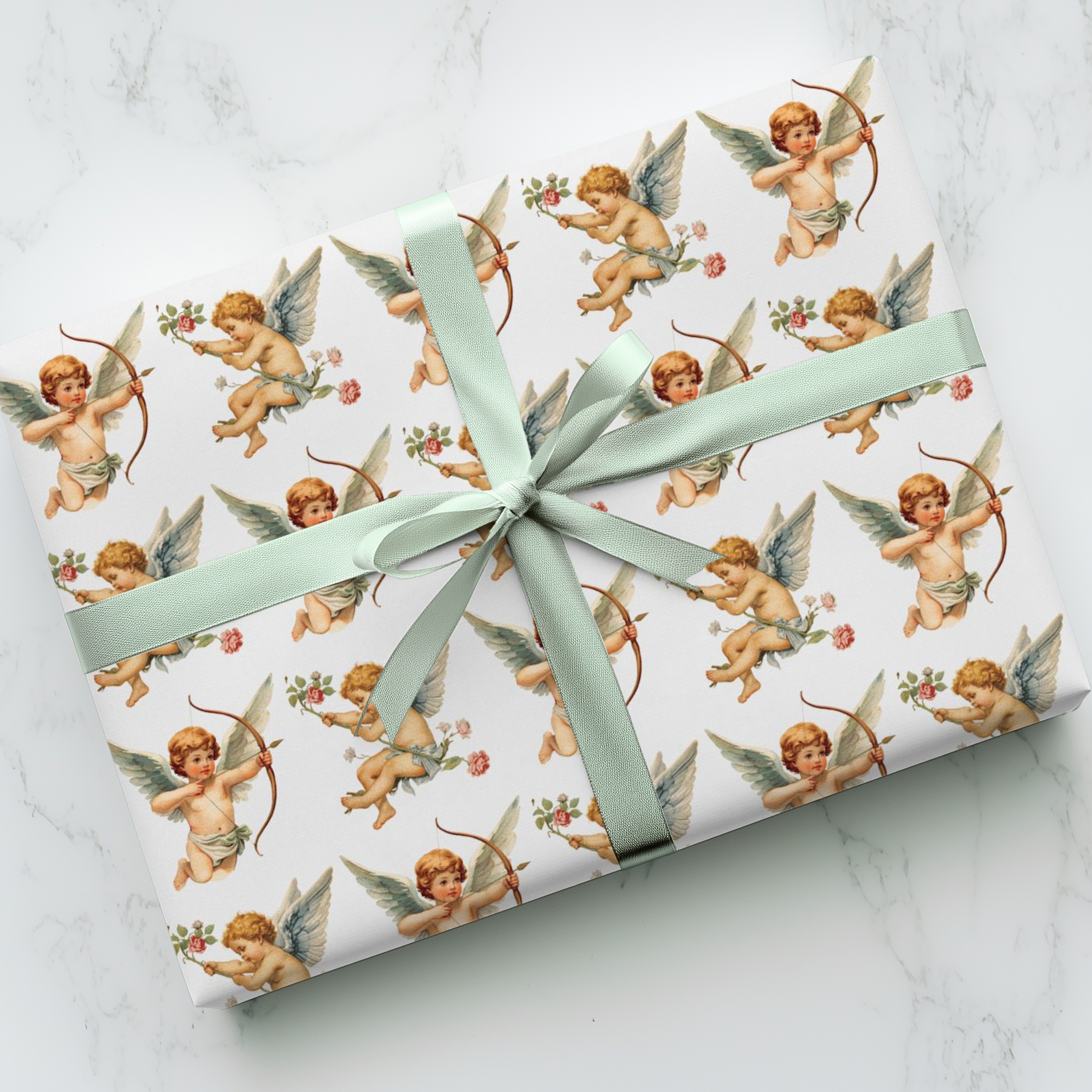 vintage cherub cupid wrapping paper with bows arrows and roses romantic gift wrap