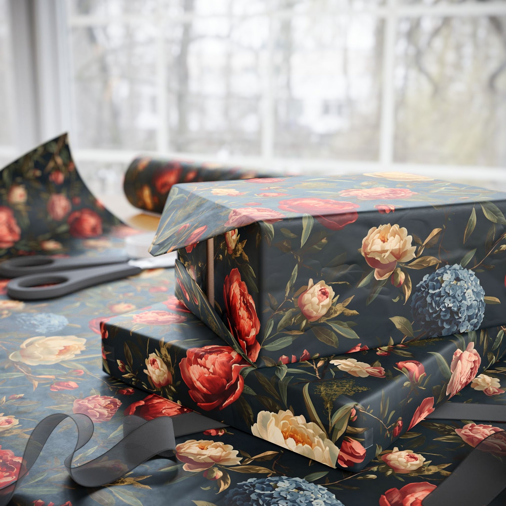 vintage floral wrapping paper with roses hydrangeas and peonies on dark background