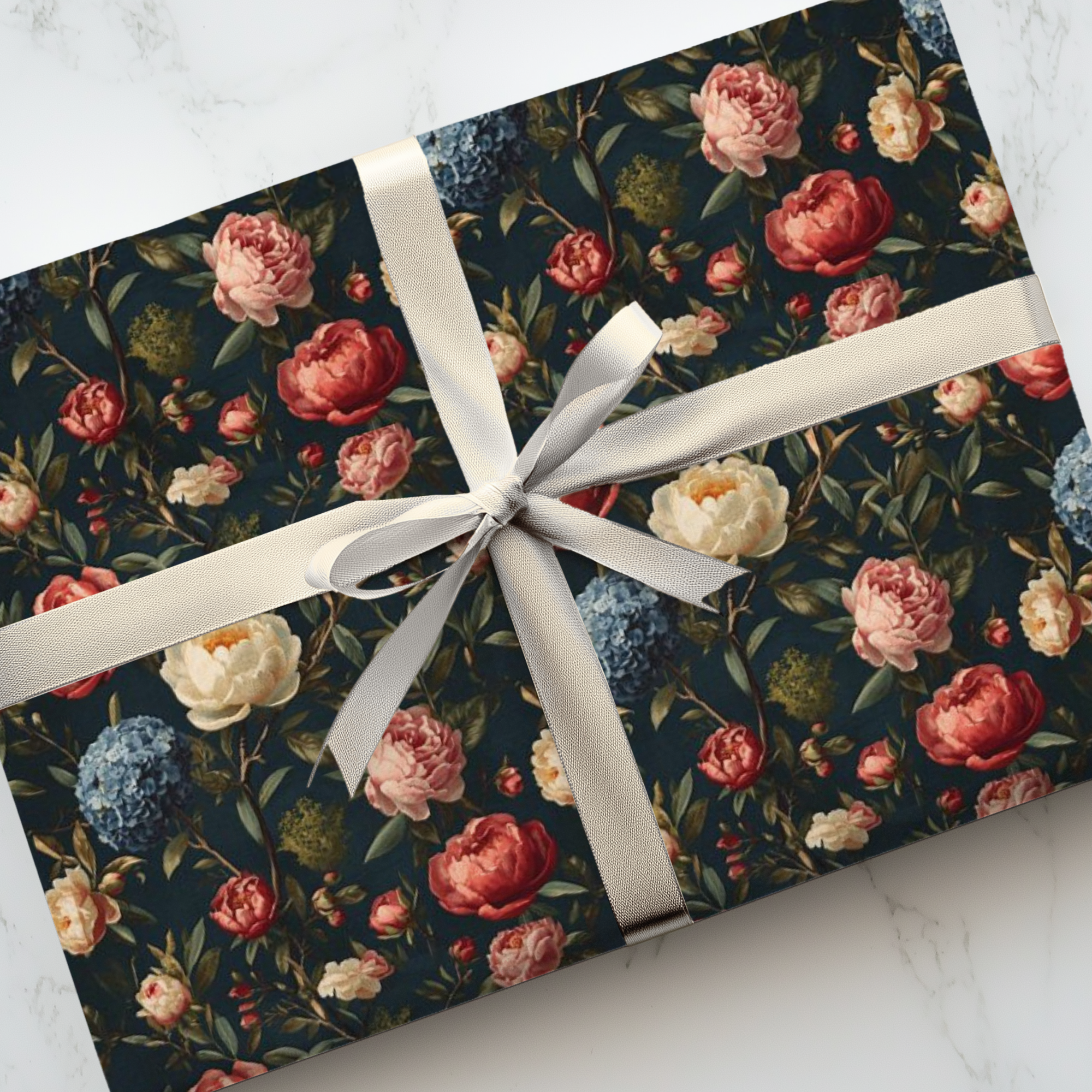 vintage floral wrapping paper with roses hydrangeas and peonies on dark background